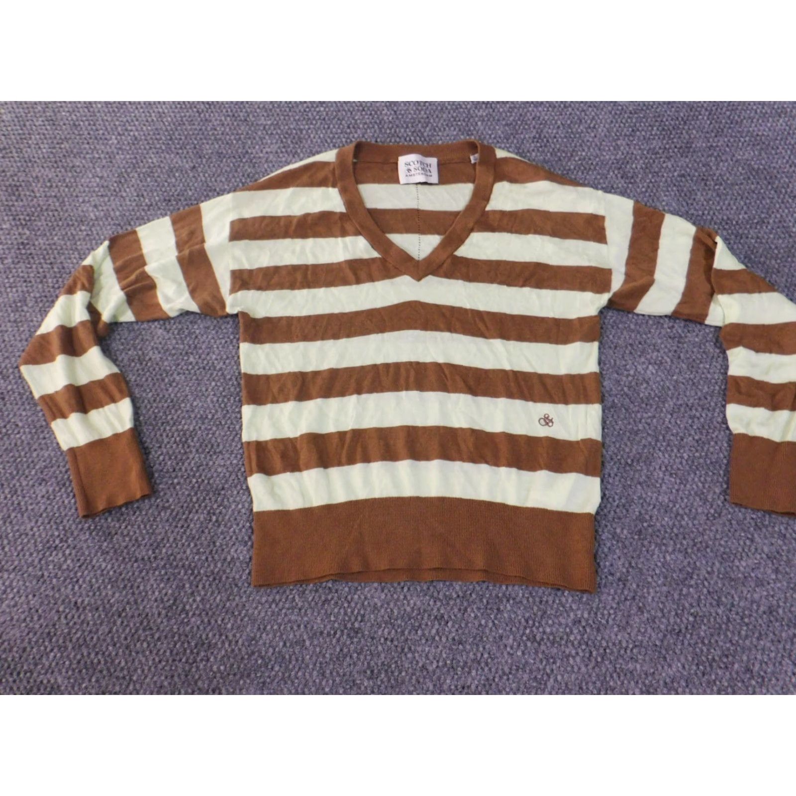 Scotch & Soda Scotch & Soda Sweater Women S Brown Green Striped V-Neck Pullover Knit Long Sleeve Lightweight Vintage: No Size S / US 4 / IT 40 - 3 Thumbnail
