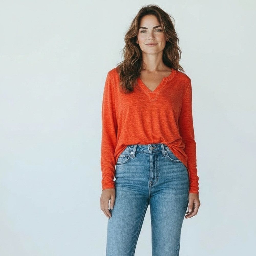 Chicos NWT New Chico's Linen Split-Neck Long Sleeve Red Tunic Size Size L / US 10 / IT 46 - 2 Thumbnail