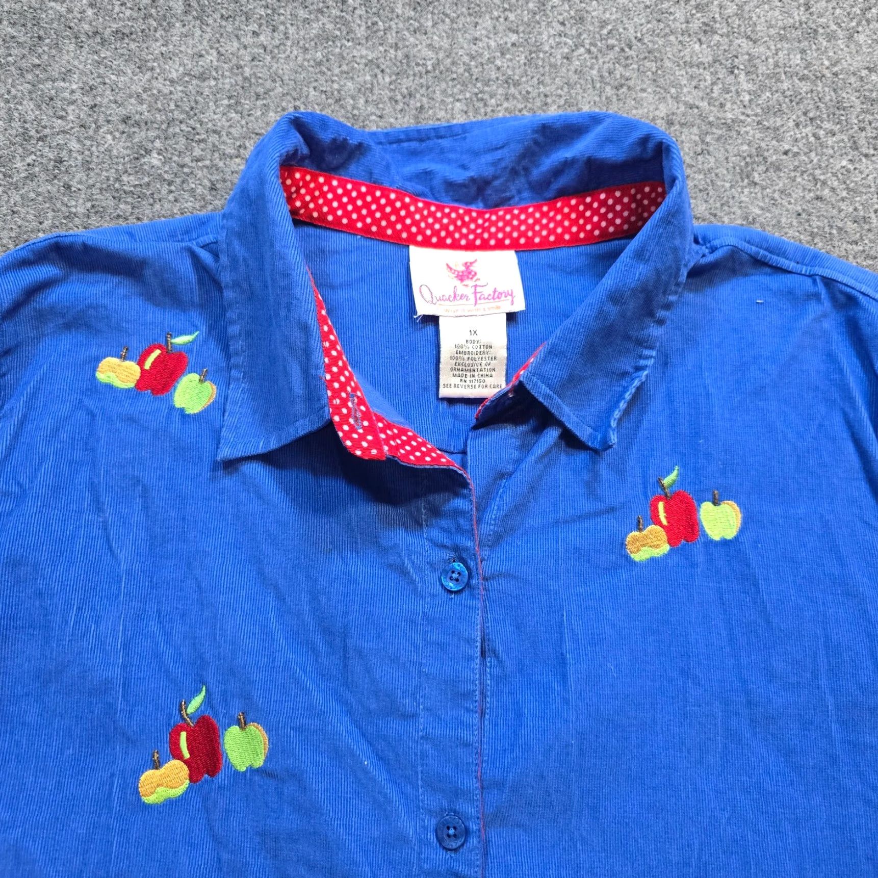 Quacker Factory Quacker Factory Blouse Women 1X Blue Embroidered Apples Corduroy Button Long Sleeve Size XL / US 12-14 / IT 48-50 - 2 Thumbnail