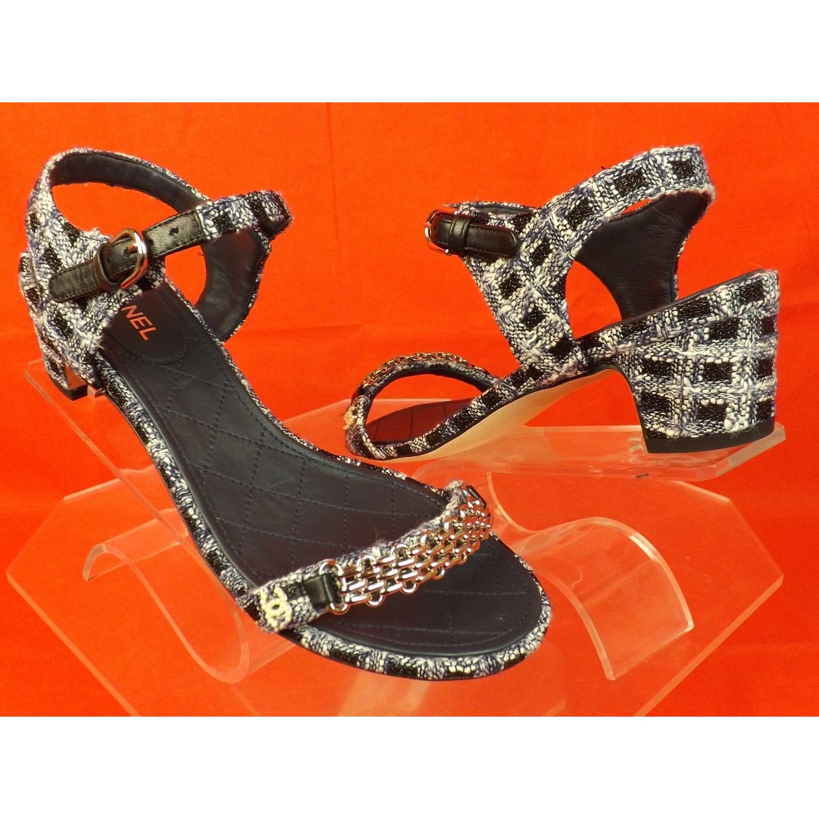 Chanel CHANEL BLUE TWEED GOLD CHAIN CC PEARLS SANDALS PUMPS 38.5 Size US 8.5 / IT 38.5 - 4 Thumbnail