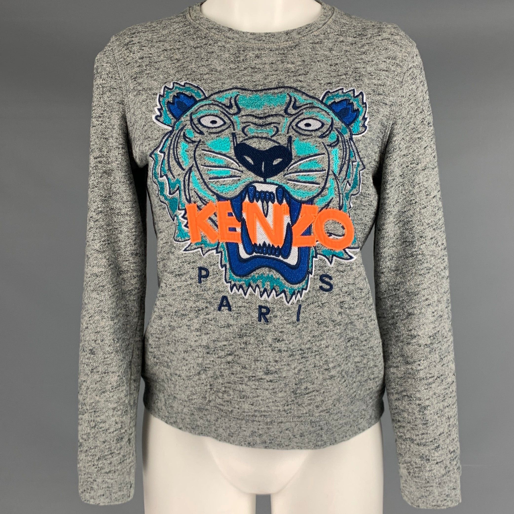 image of Kenzo Grey Blue Tiger Logo Embroidery Crew Neck Sweatshirt, Women's (Size Small)