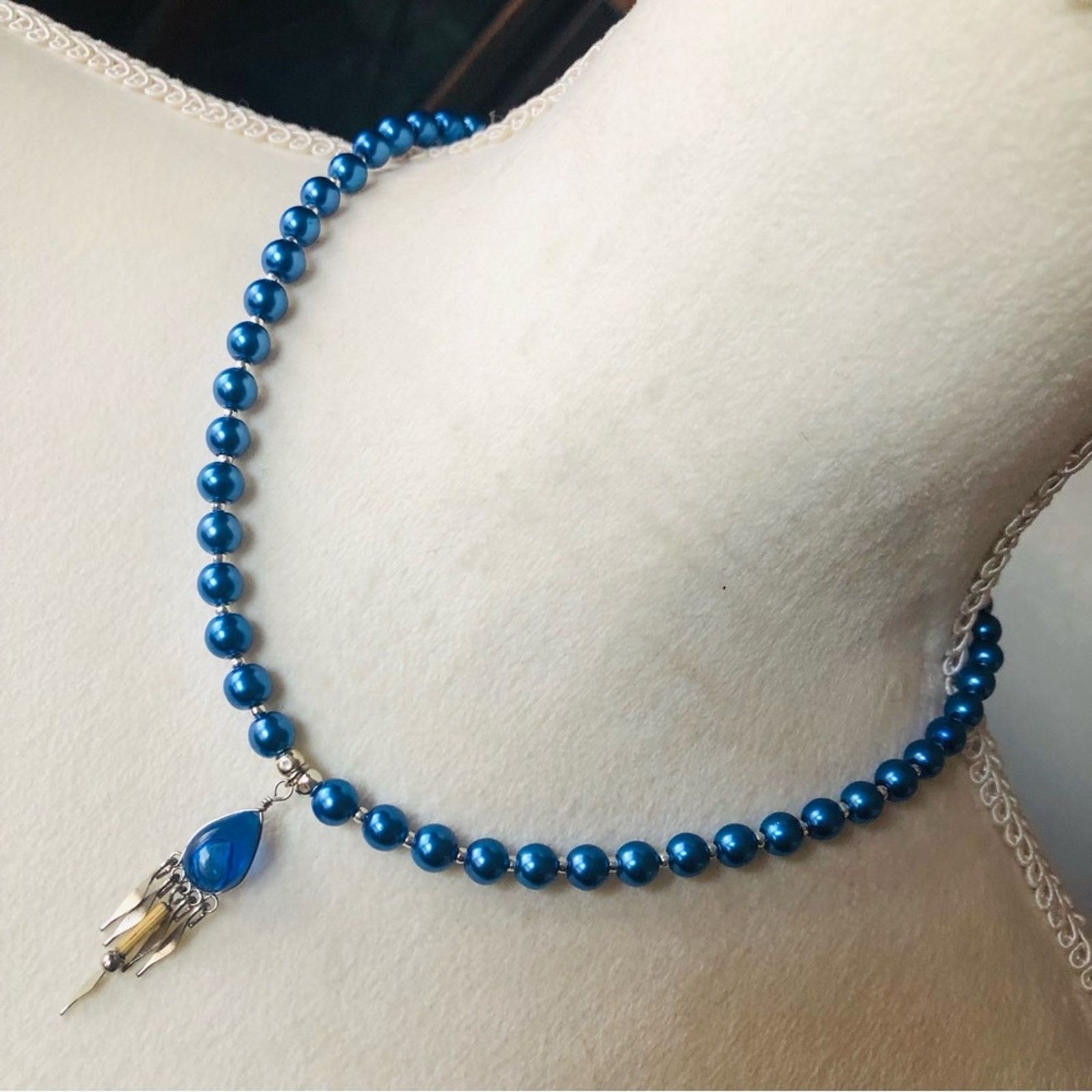 Handmade Handcrafted repurpose teardrop glass fringe Pearl necklace Size ONE SIZE - 1 Thumbnail