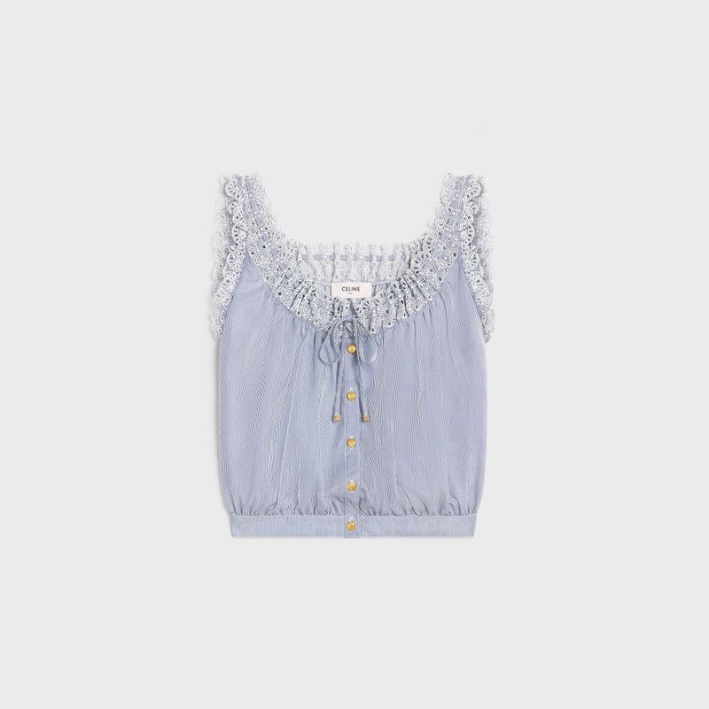 Celine o1w1db10526 2B9829 Embroidered Folk Tank Top in Blue/White Size XS / US 0-2 / IT 36-38 - 1 Thumbnail