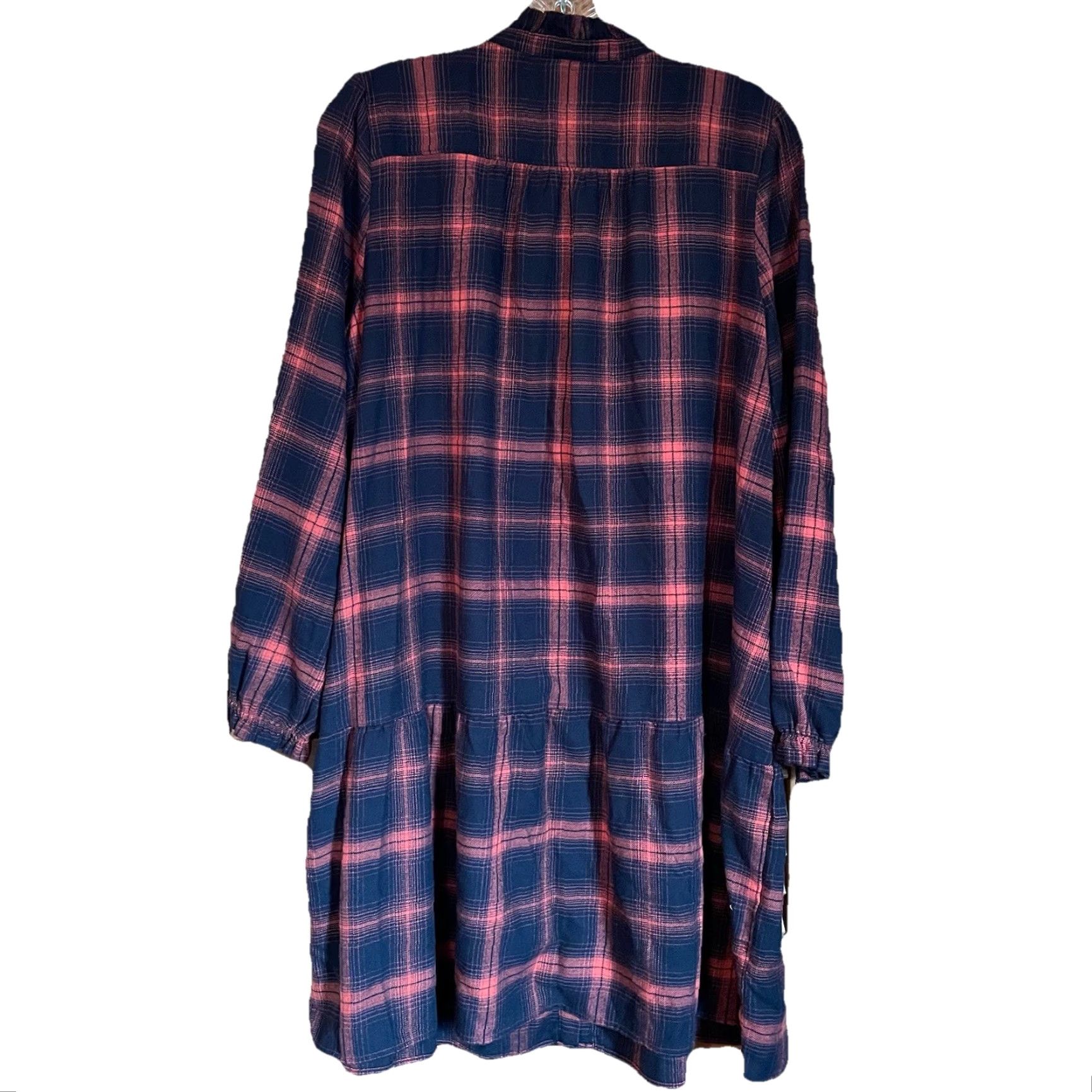 Loft LOFT Shirt Dress L Blue Soft Drop Waist Flannel Plaid Button Long Sleeve Shirt Dress, Casual, Women, Regular, Knee Length, Vintage: No Size L / US 10 / IT 46 - 3 Thumbnail