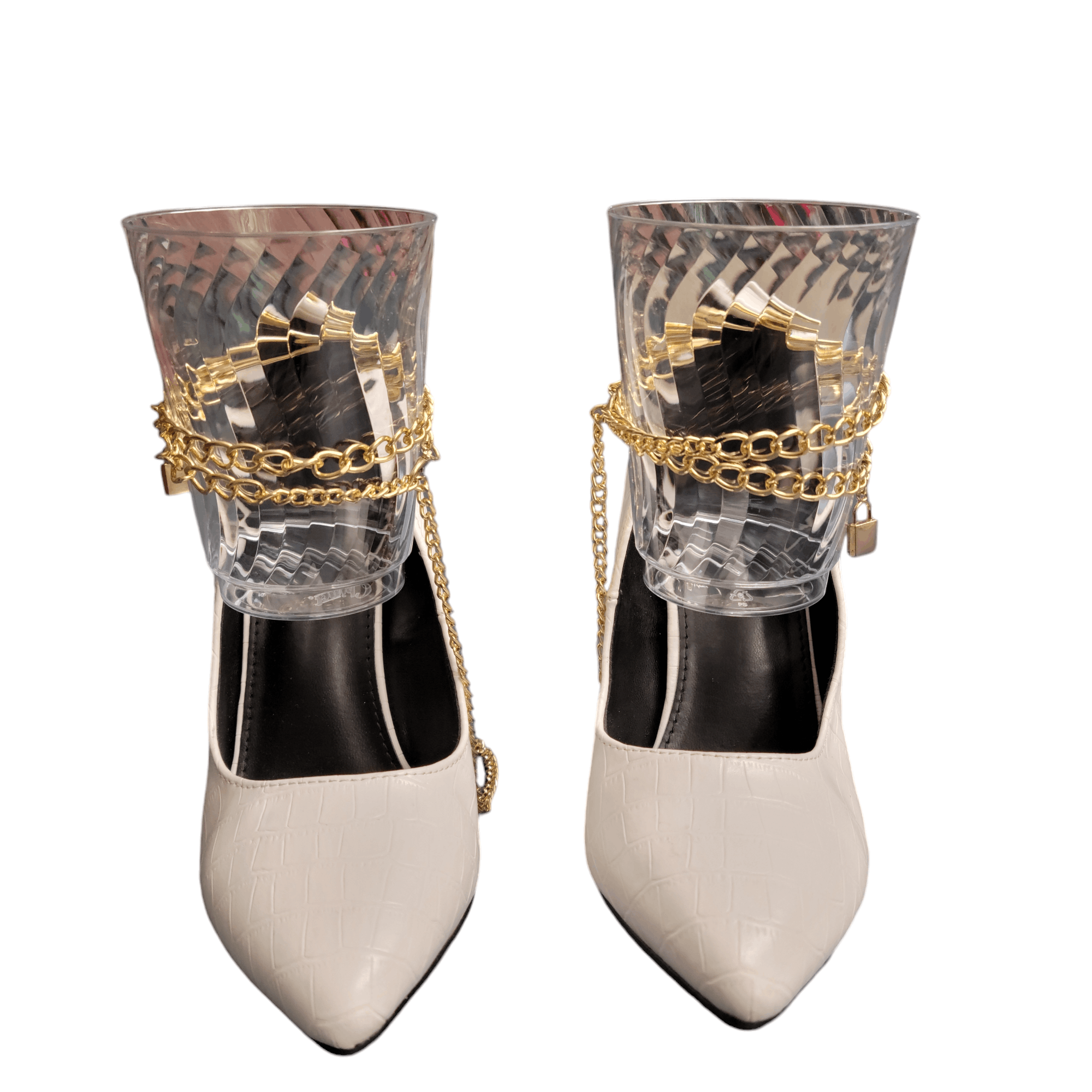 NBDN Nobrandedon White Faux Leather Gold Ankle Chain Metallic High Heel Shoe Size US 7 / IT 37 - 3 Thumbnail