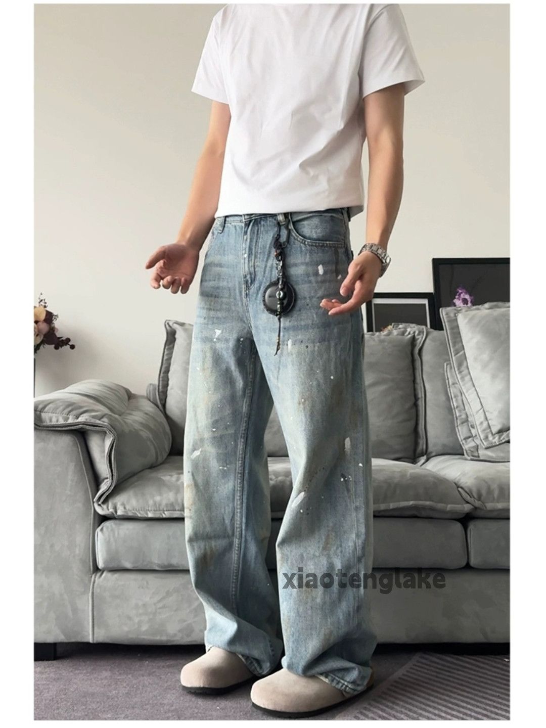 Jean Unisex washed faded loose baggy stain paint jeans Size US 34 / EU 50 - 2 Thumbnail