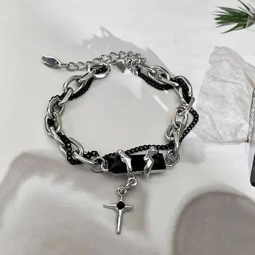 Jewelry Titanium Steel Layered Cross Charm Bracelet for Men Women Size ONE SIZE - 1 Thumbnail