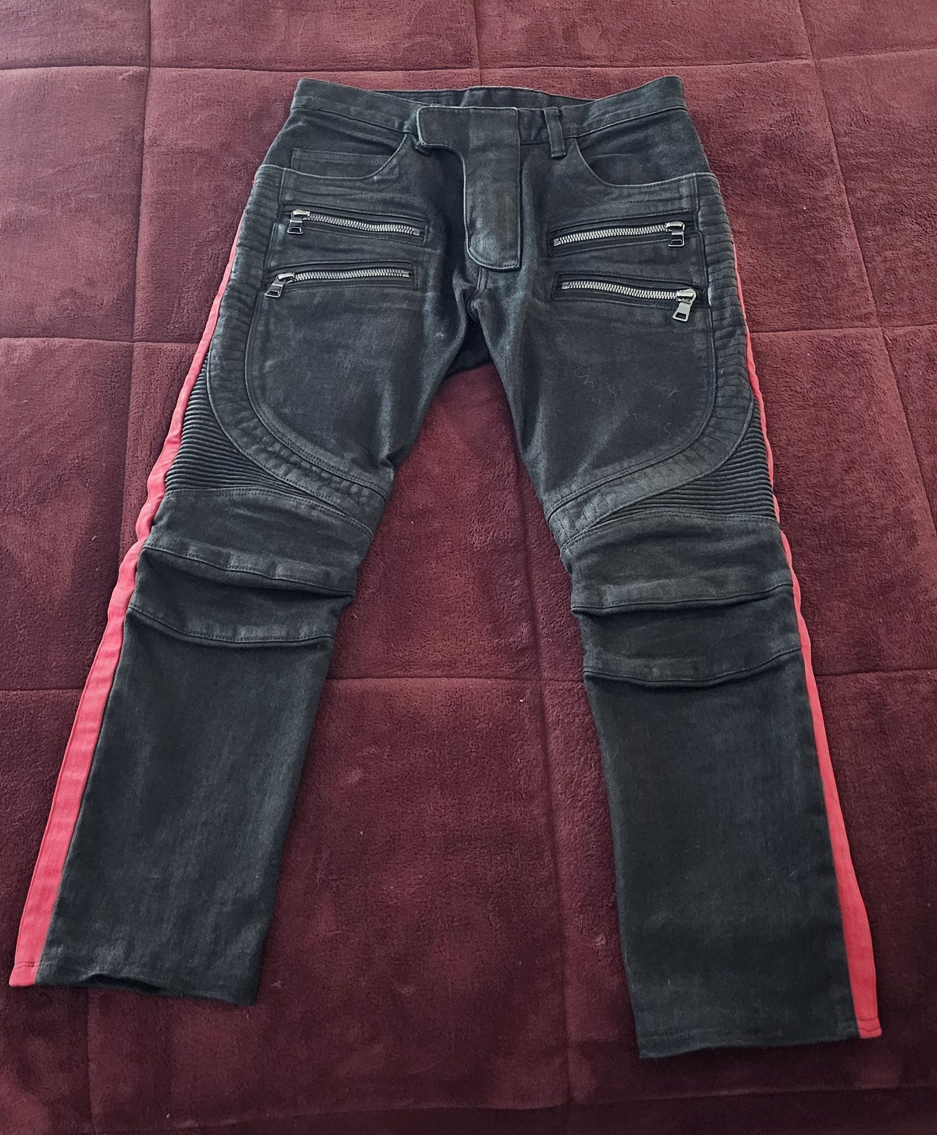 Balmain Red Jeans With Zippers Balmain Biker Jeans With Red Stripe