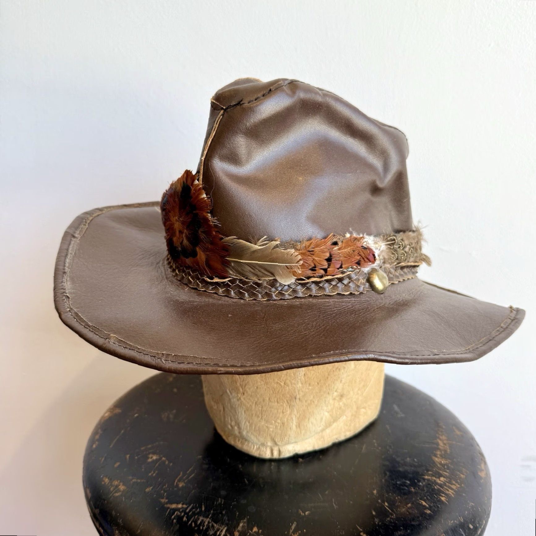 Vintage VINTAGE Cowboy Hat Leather 1970s HaT Size 7-7 1/8 Hippie Look Mens? Womens? Size ONE SIZE - 2 Thumbnail