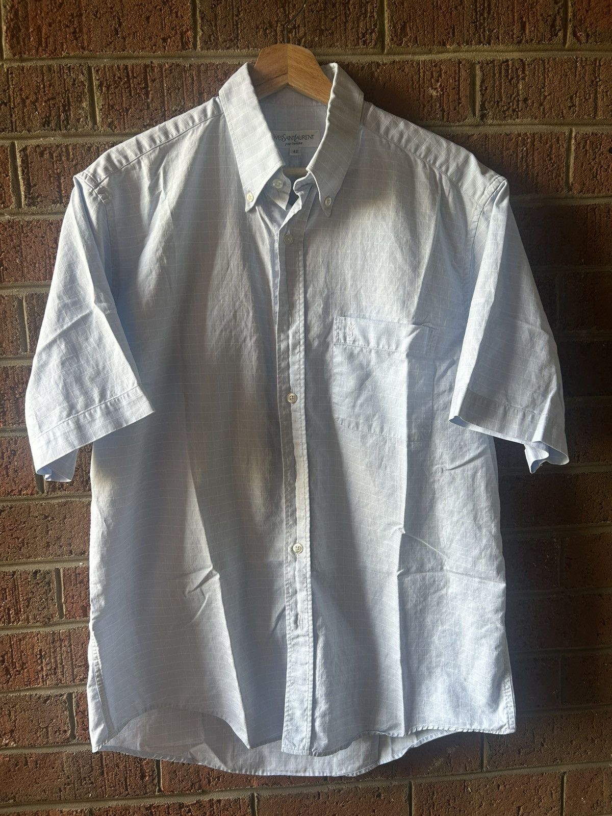 Yves Saint Laurent YSL Men's Blue Short Sleeve Button-Up