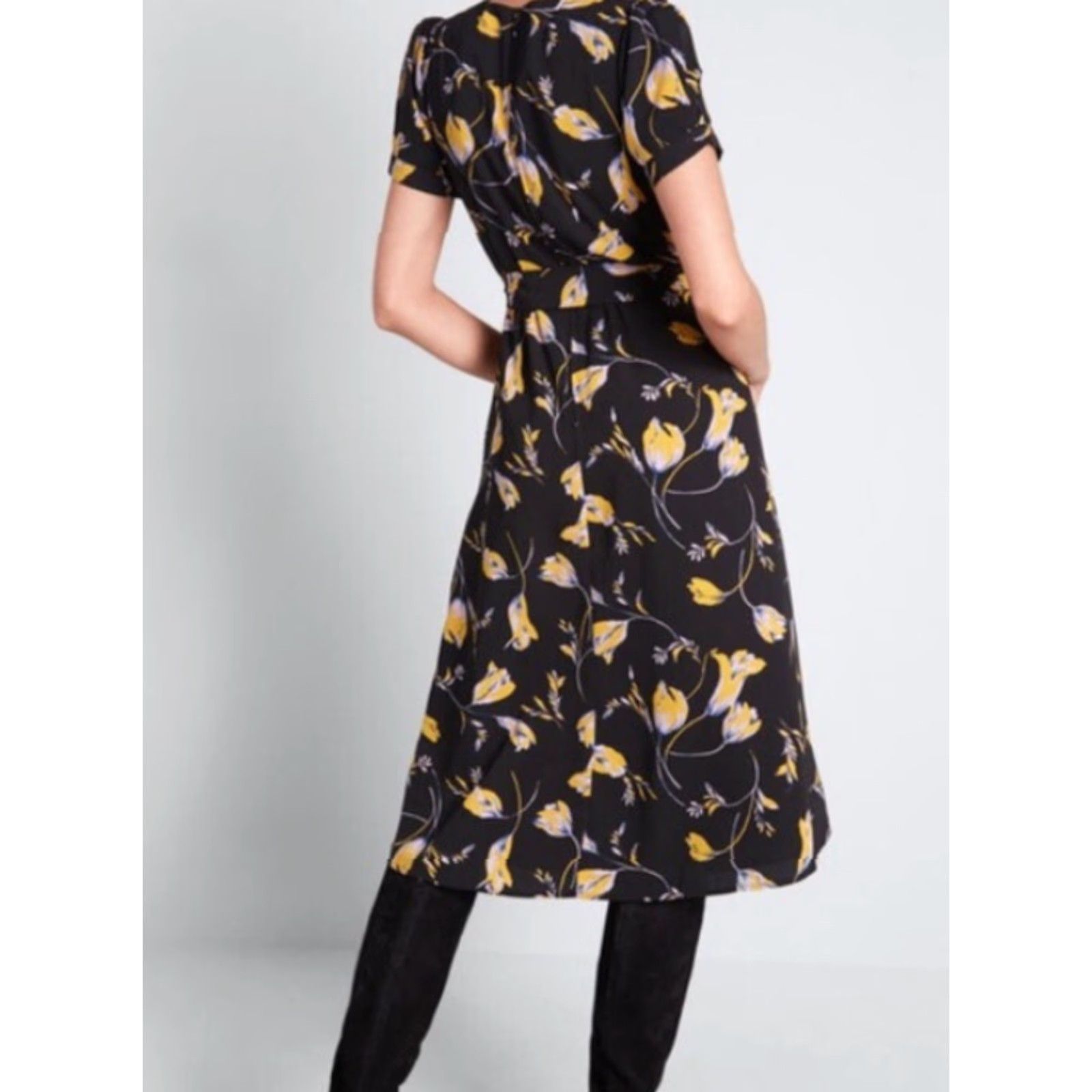 Vintage MODCLOTH POETIC PRESENCE FAUX WRAP BLACK YELLOW FLORAL DRESS Sz 3XL Size XXL / US 16-18 / IT 52-54 - 2 Thumbnail