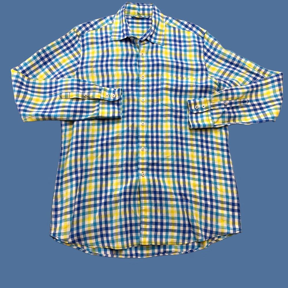 Boden Boden Shirt Mens XL Blue Yellow Check Linen Button Up Preppy Coastal Beach Derby Shirt Size US XL / EU 56 / 4 - 1 Thumbnail