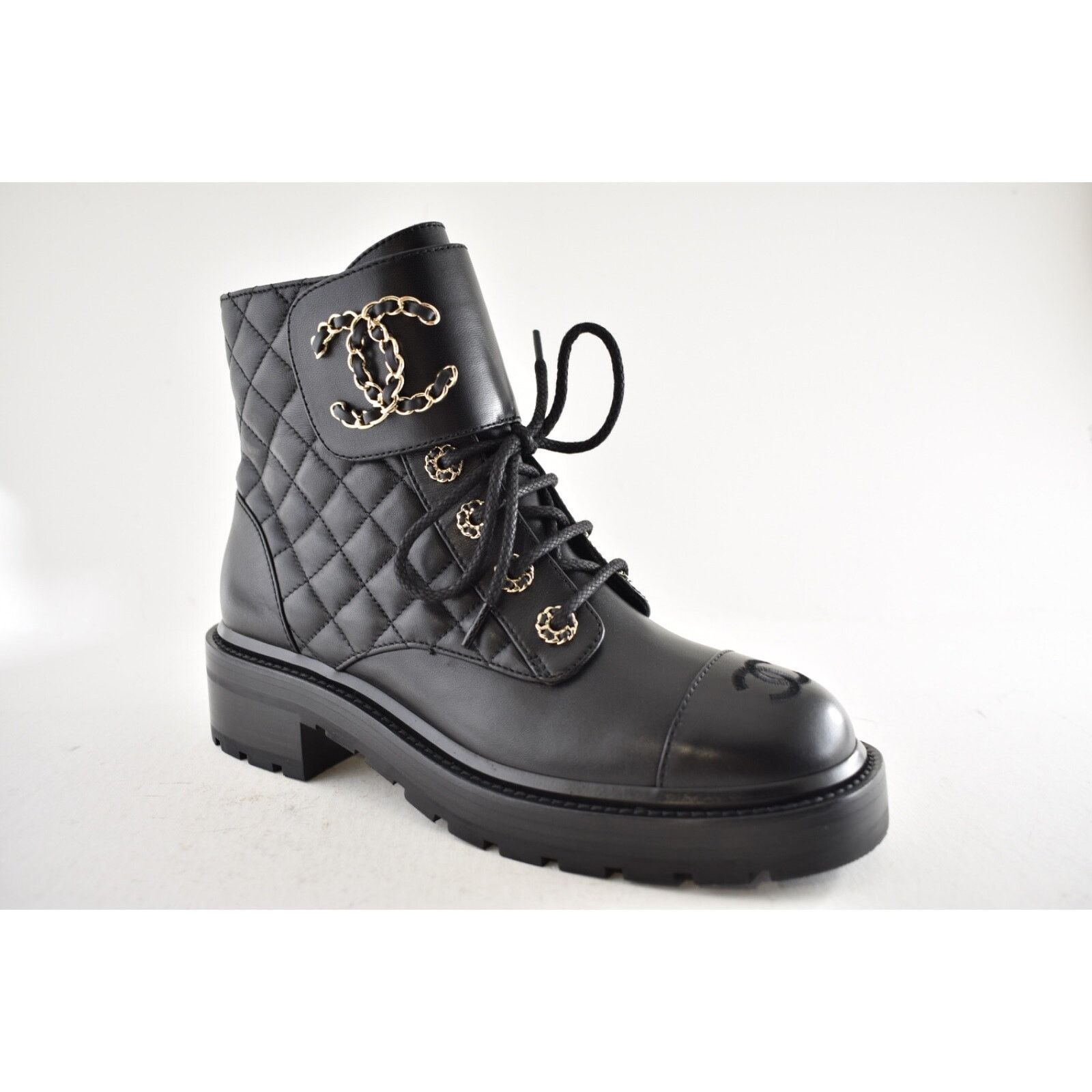 Chanel 21A Quilted Chain Combat Lace Up Tie Ankle Short Boots 39 Size US 9 / IT 39 - 5 Thumbnail