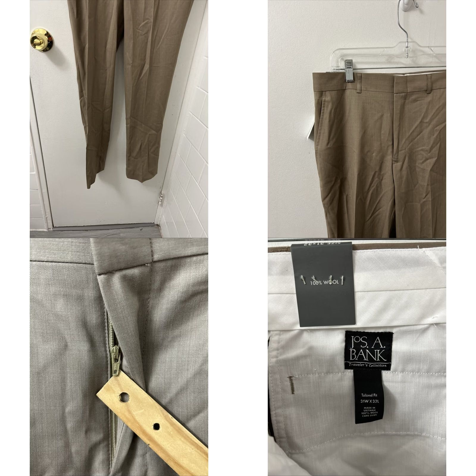 Vintage Jos A Bank Pants Mens 31 Beige 31x32 Tan Wool Traveler Collection YKK NWT MSRP Size US 31 - 8 Thumbnail