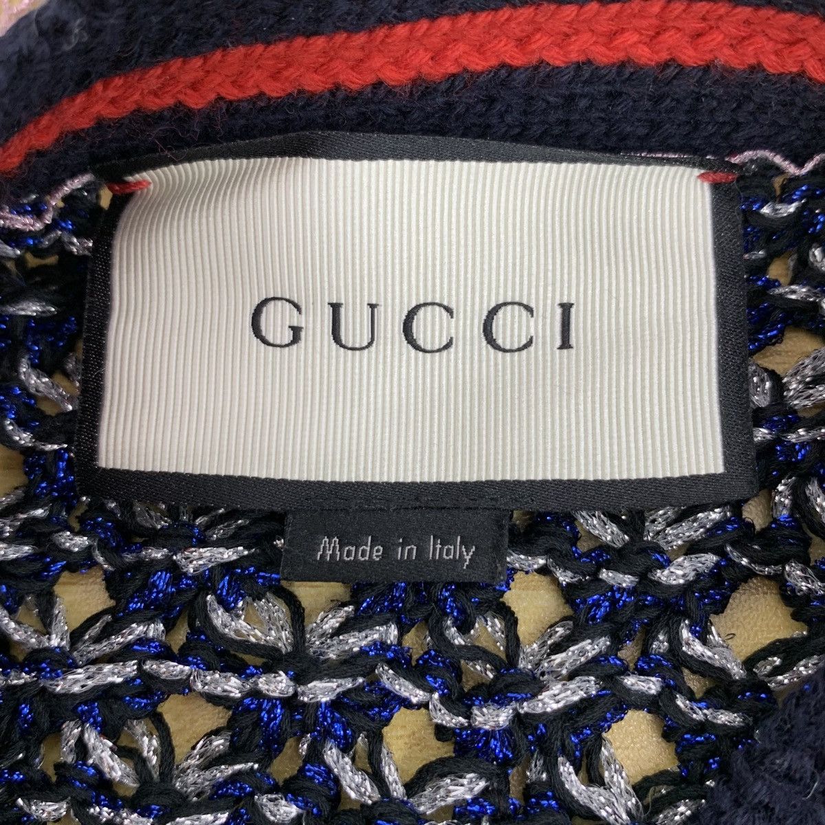 Gucci Navy Blue Striped Lace Pearl Button Knit Cardigan