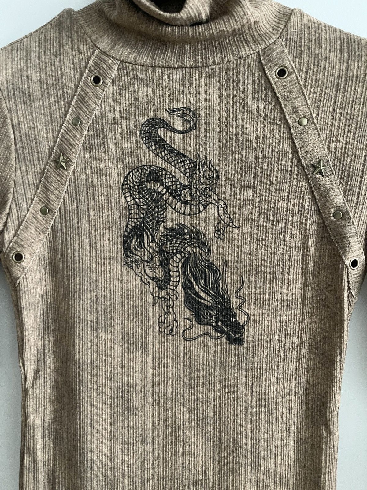 Japanese Brand × Vintage STEAL! Y2K Japan Dragon Stars Turtle Neck LS Mesh Top Size M / US 6-8 / IT 42-44 - 3 Thumbnail