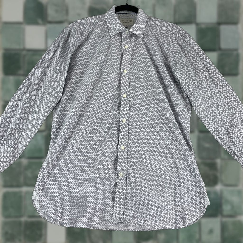 Ted Baker Ted Baker White Geo Print Endurance Button-Up Dress Shirt Men Medium Long Sleeve Size 40R - 1 Thumbnail