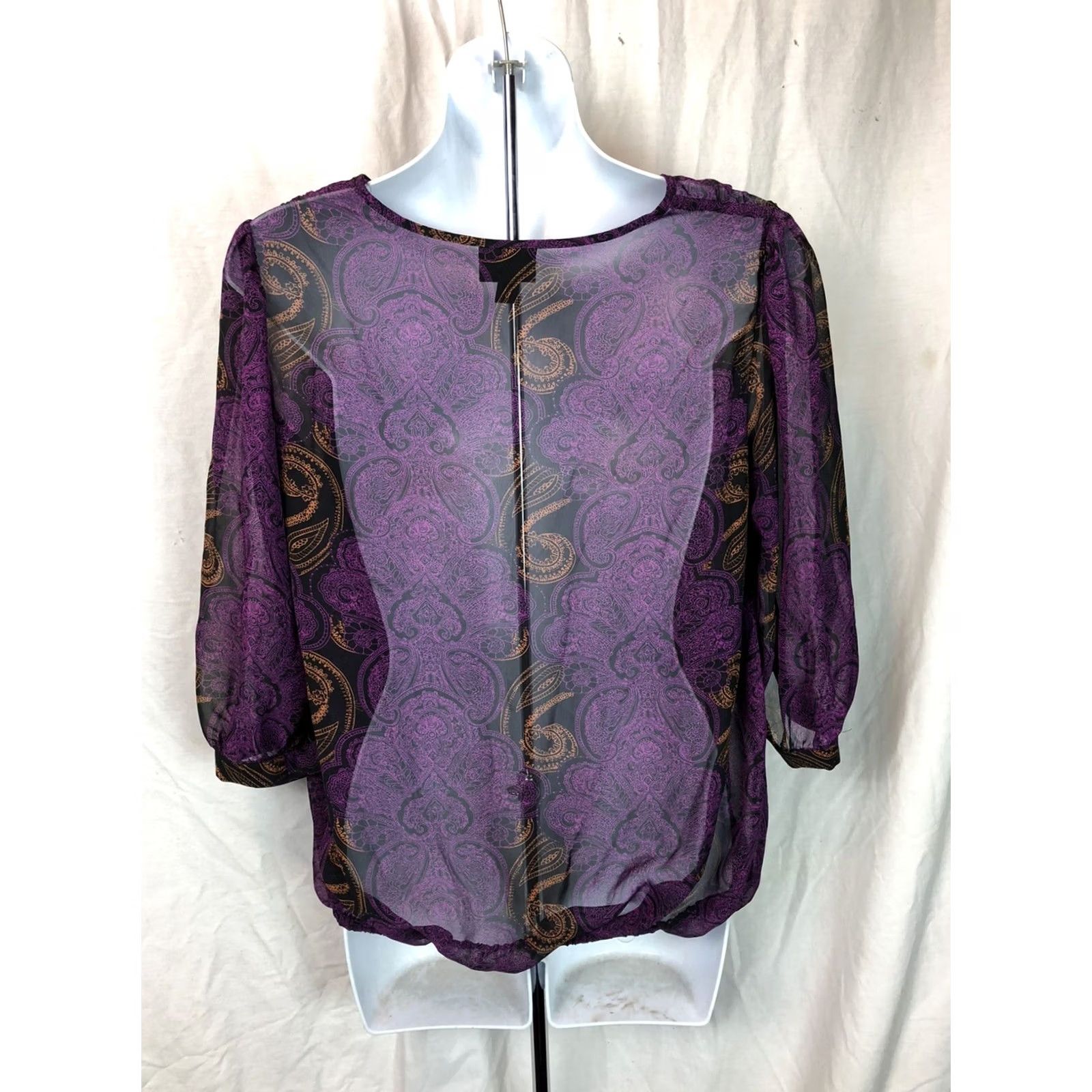 Mossimo VINTAGE Mossimo Purple/blk Geo Chiffon Blouse M 3/4 Balloon sleeves Fairy Y2K Womens Size M / US 6-8 / IT 42-44 - 3 Thumbnail