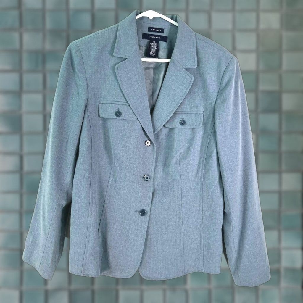 Vintage Jones Wear Blazer Shirt Women Notch Lapel Stretch Blue Jacket 12 Adult Regular Long Sleeve 26" 42" Chest Vintage No N/A Size XL / US 12-14 / IT 48-50 - 1 Thumbnail