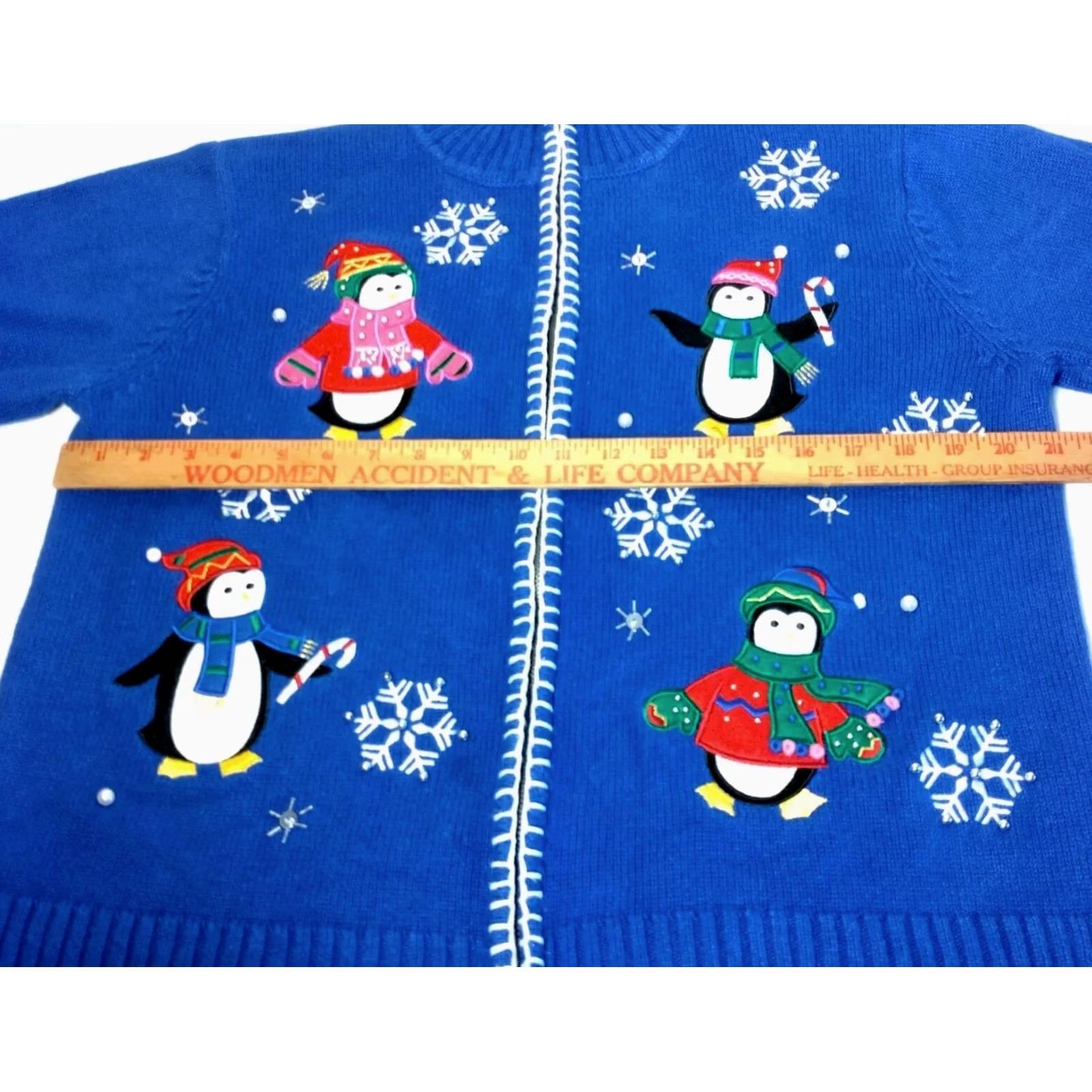 Vintage Crystal Kobe Cardigan Sweater L Blue Winter Snow Penguins Beaded Christmas Women Grade Regular Knit Mock Neck Long Sleeve Holiday Style Size L / US 10 / IT 46 - 3 Thumbnail