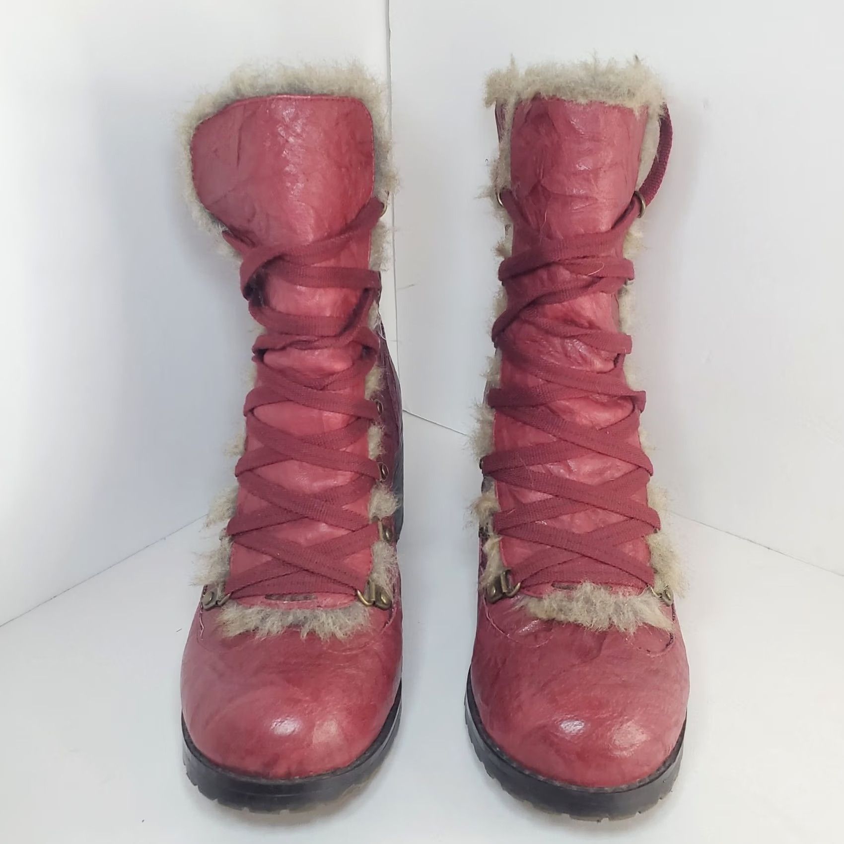 Vintage BC Womens Red Heeled Ankle Boot Lace Up Faux Fur Sz 8.5 Festive Bootie Size US 9 / IT 39 - 2 Thumbnail