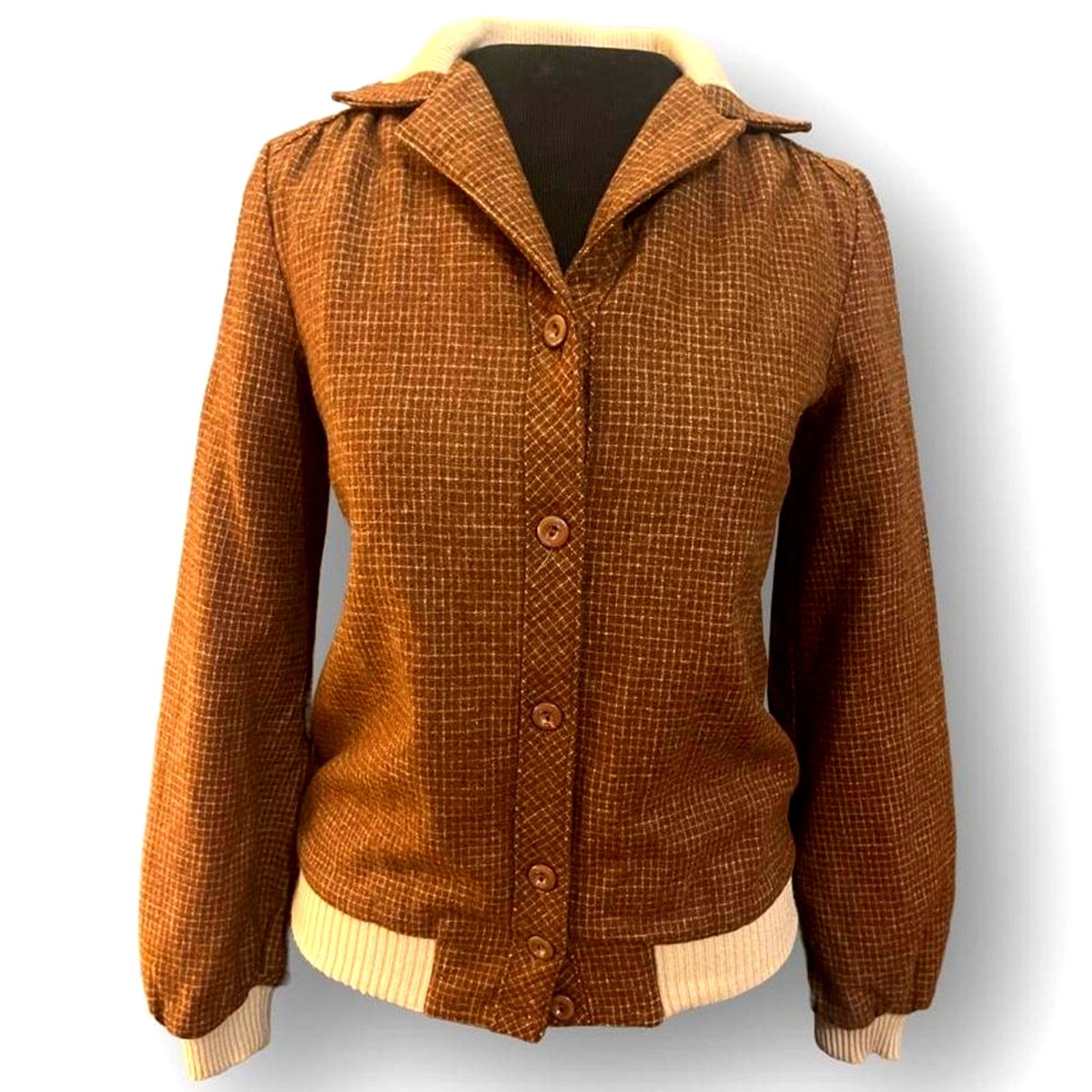 Other Vtg. '70s Checkered Brown Wool Varsity Style Jacket Size US S / EU 44-46 / 1 - 1 Thumbnail