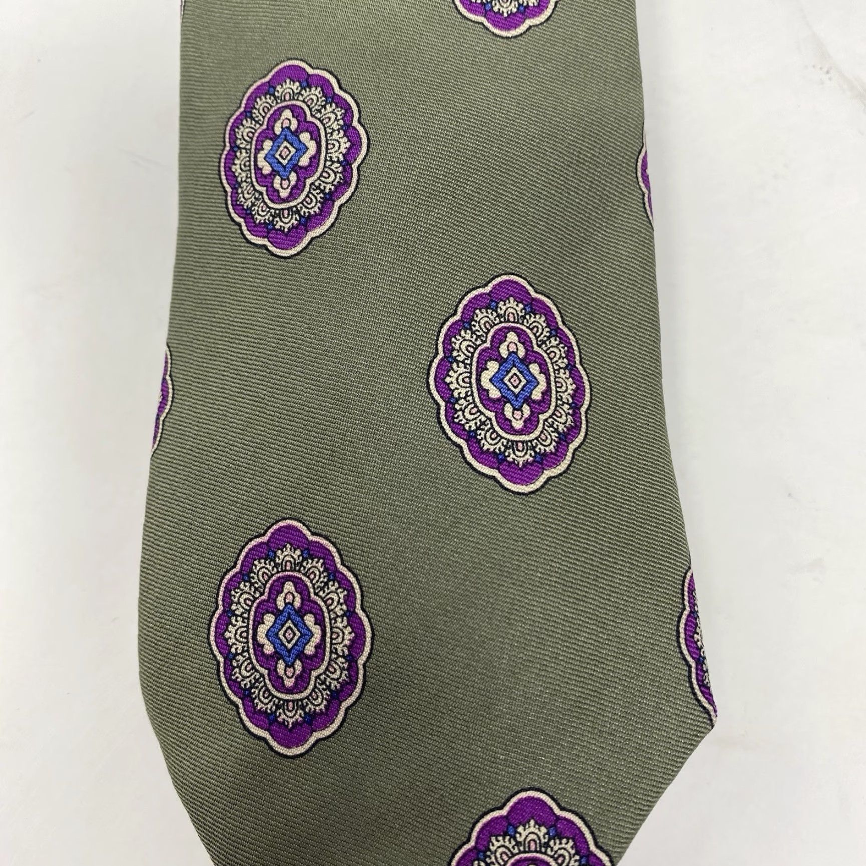 Vintage VINTAGE Kuppenheimer Tie Green Purple Medallion 100% Silk Hand Sewn in Italy Tie Men Classic 57"-60" Abstract Geometric Size ONE SIZE - 2 Thumbnail