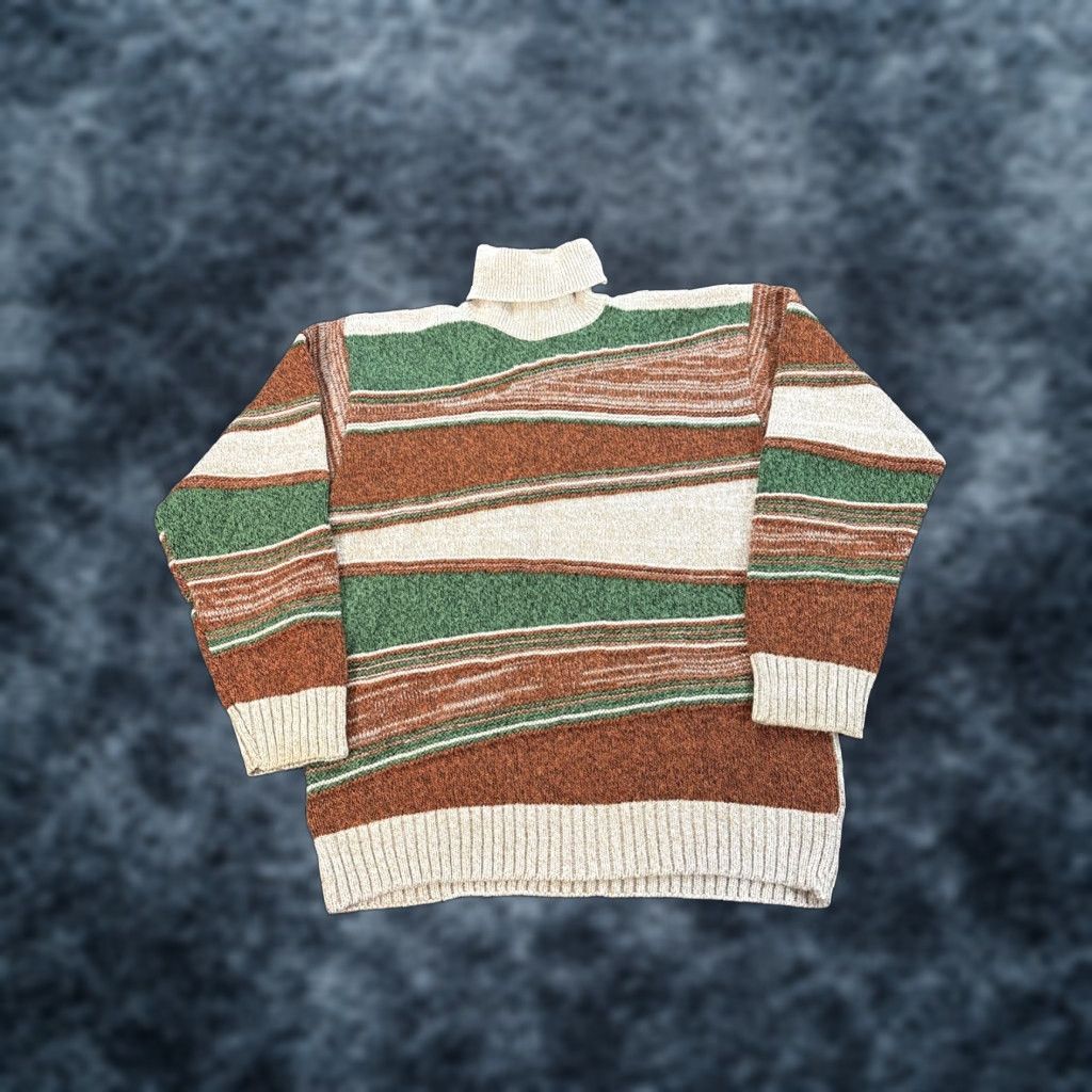 Coogi VINTAGE Kervan Sweater Cardigan Turtleneck Striped Lambswool XL Mens Ivory Abstract Style Size US XL / EU 56 / 4 - 1 Thumbnail