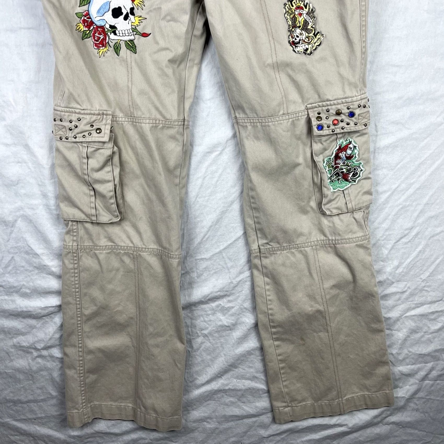 Ed Hardy VINTAGE Ed Hardy Cargo Pants Women 29 Paratrooper Y2K Patches Studded Rhinestone Pants Woman Beige 29 Cargo Size 29" - 3 Thumbnail