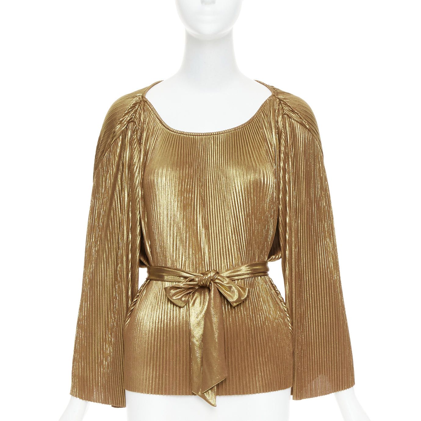 Halston Heritage HALSTON HERITAGE gold accordion pleated gathered shoulder tie goddess top US10 L Size L / US 10 / IT 46 - 1 Thumbnail