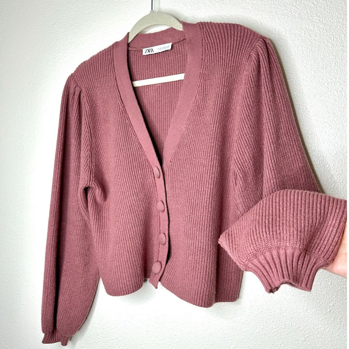 Zara ZARA Mauve Balloon Sleeve VNeck Cropped Button Cardigan M Size M / US 6-8 / IT 42-44 - 3 Thumbnail