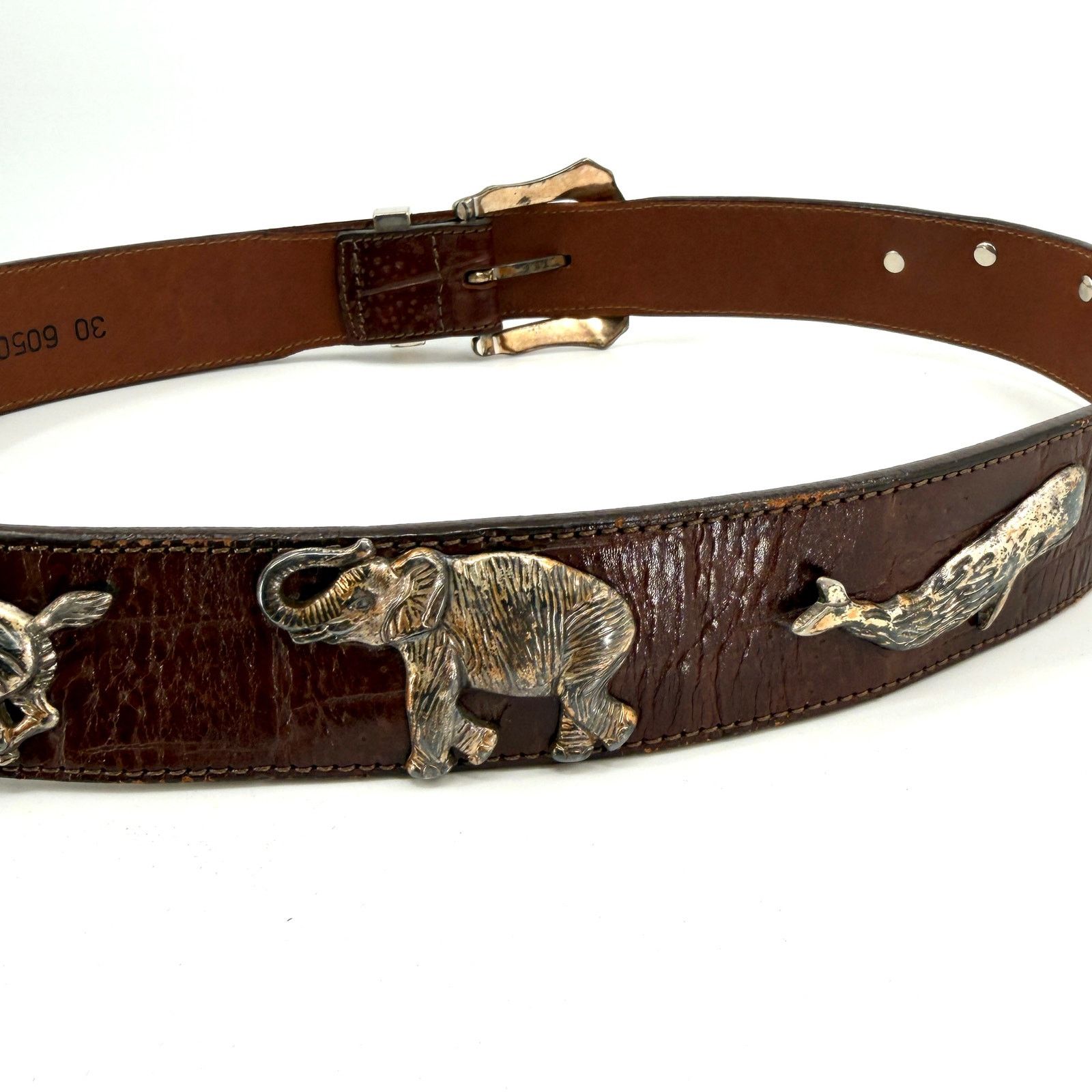90s Brown Croc Embossed Leather Wildlife Medallion Belt