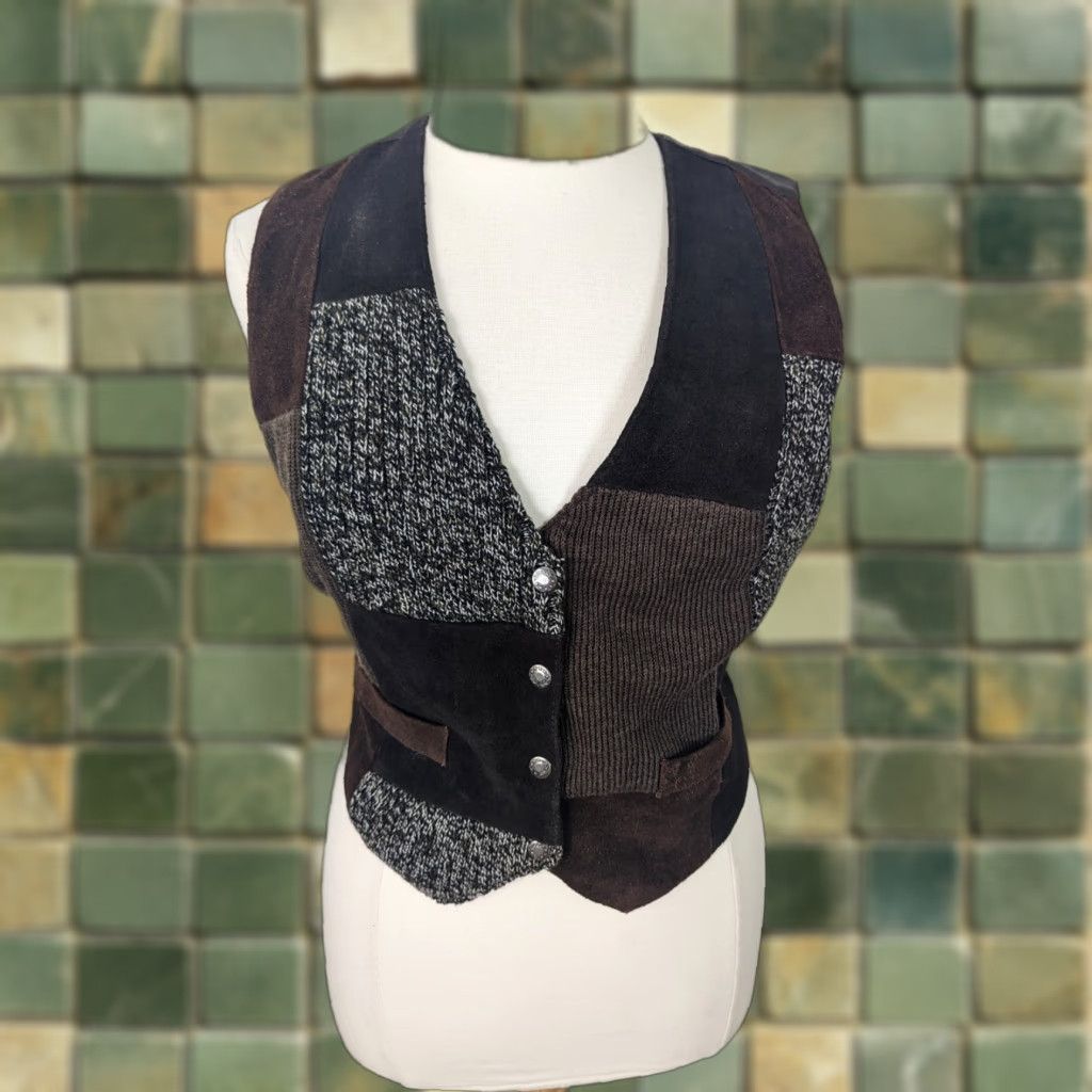 Zara VINTAGE 90s Zara Sude Leather Patchwork Vest Women's Large Brown Thread? Size L / US 10 / IT 46 - 1 Thumbnail