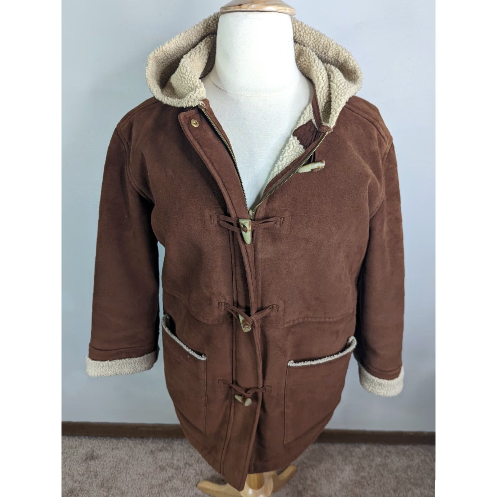 Ralph Lauren VINTAGE Ralph Lauren Vegan Faux Leather Suede Coat Jacket Sherpa Lined Hooded Large PS Brown Womens Coat Size L / US 10 / IT 46 - 2 Thumbnail