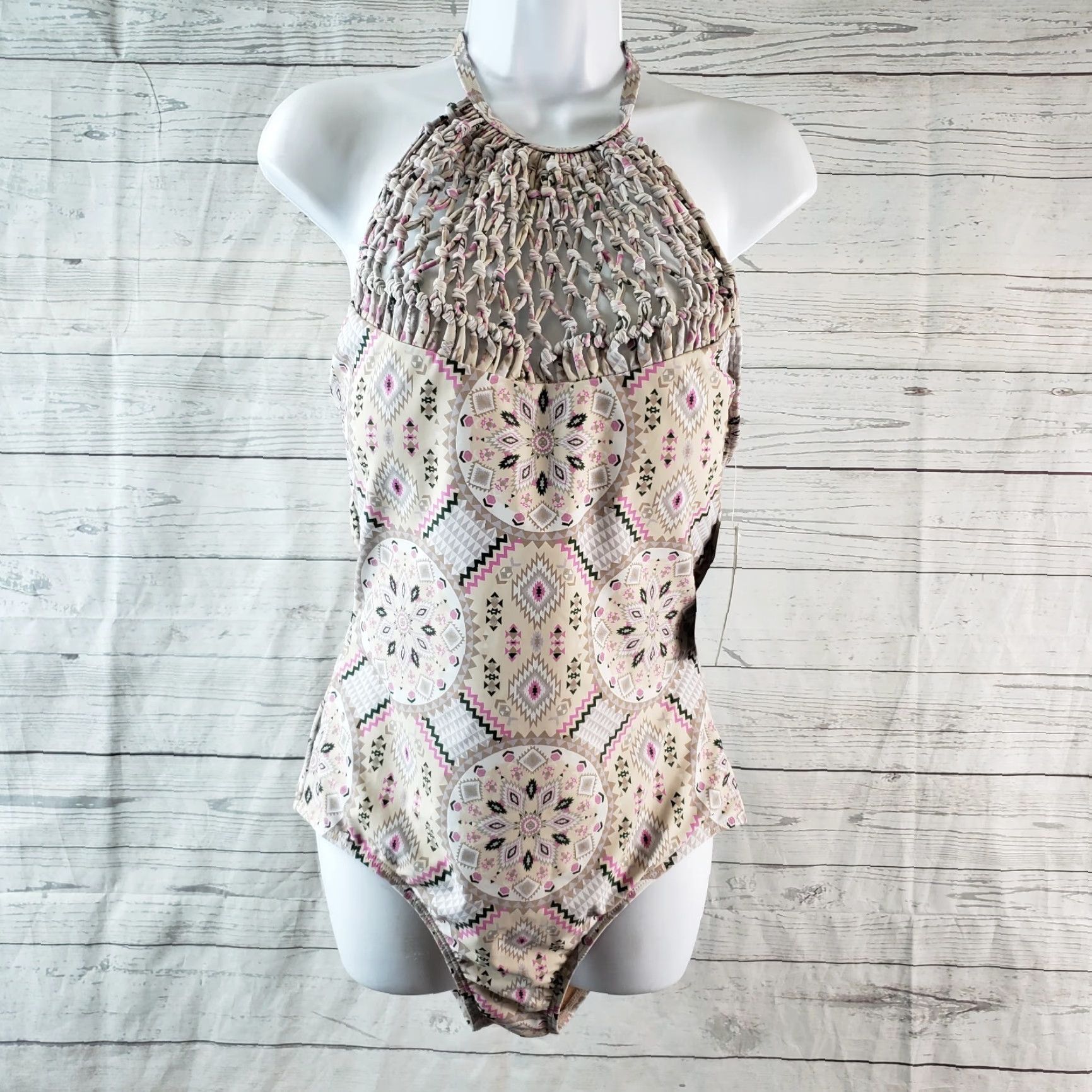 Vintage Marilyn Monroe Womens One Piece Swimsuit Sz Large Pink Tan Aztec Medallions Size ONE SIZE - 2 Thumbnail