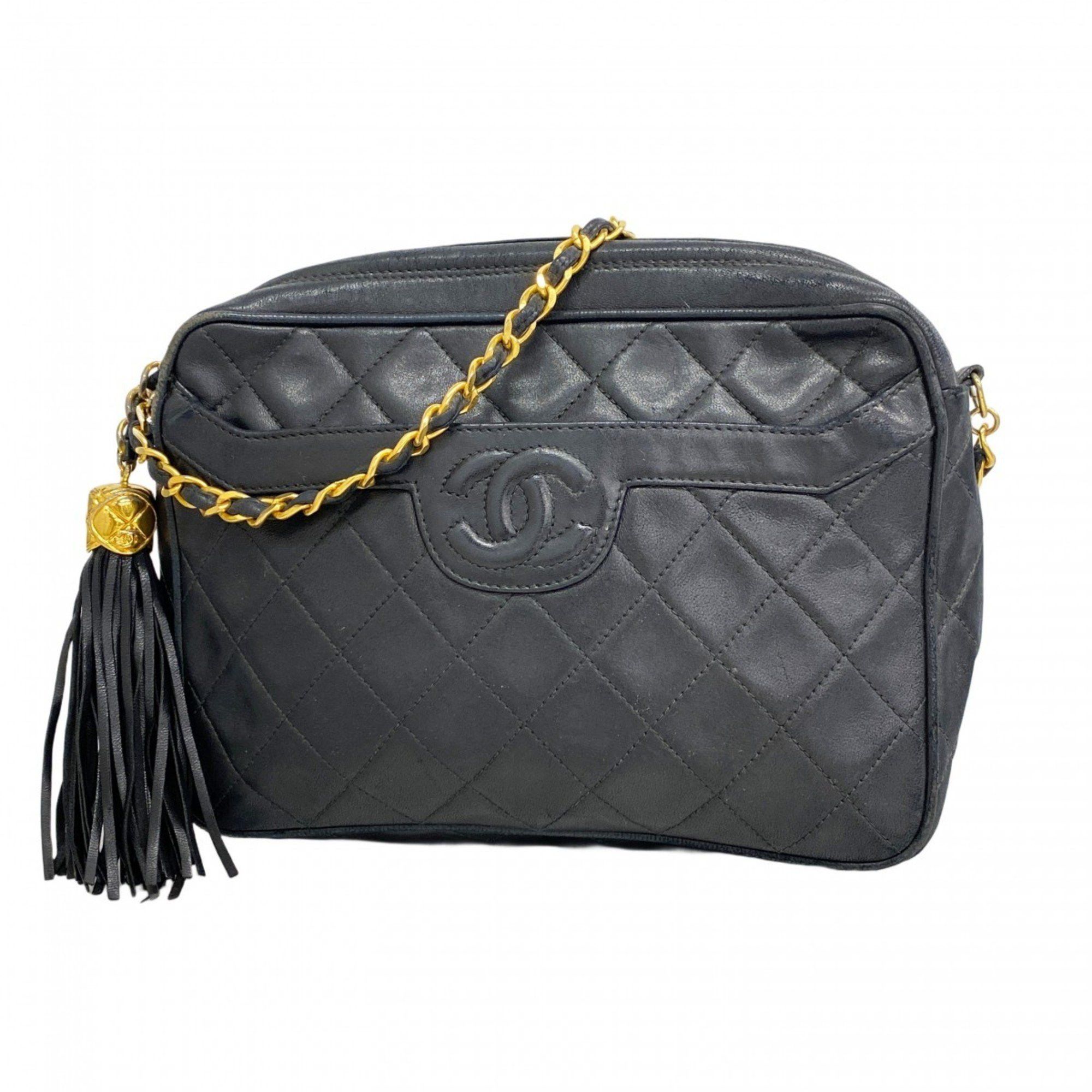 Chanel Shoulder Bag With Matelasse Chain Lambskin Black Women's