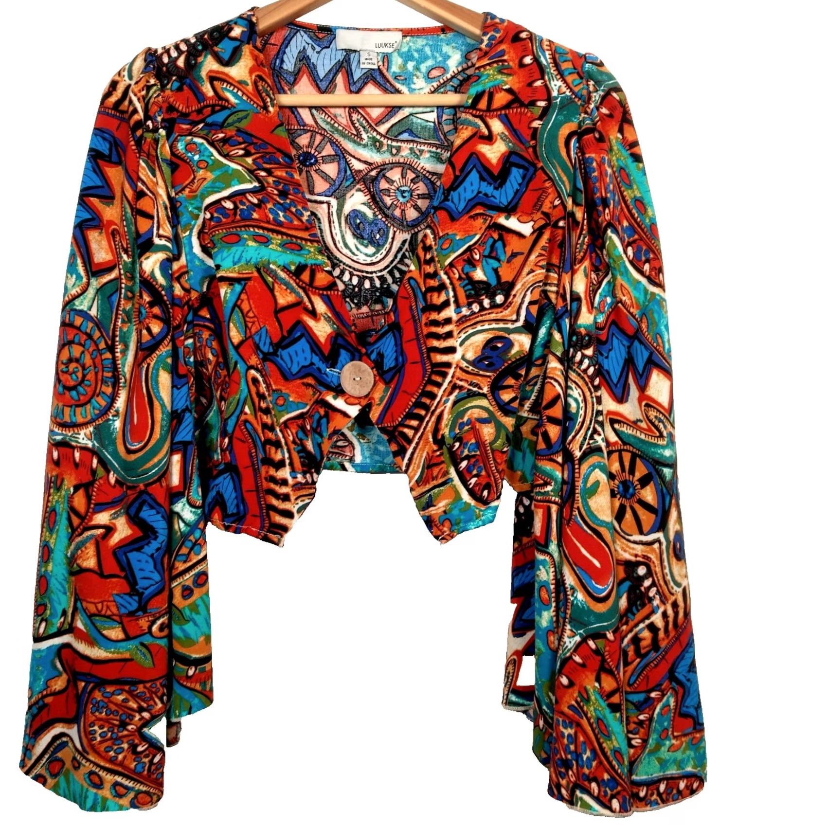 Bell LUUKSE Top Cropped Blouse S Multicolor Long Sleeve Bell V-Neck Abstract Artsy Boho/ Hippie Style Womens Size S / US 4 / IT 40 - 2 Thumbnail