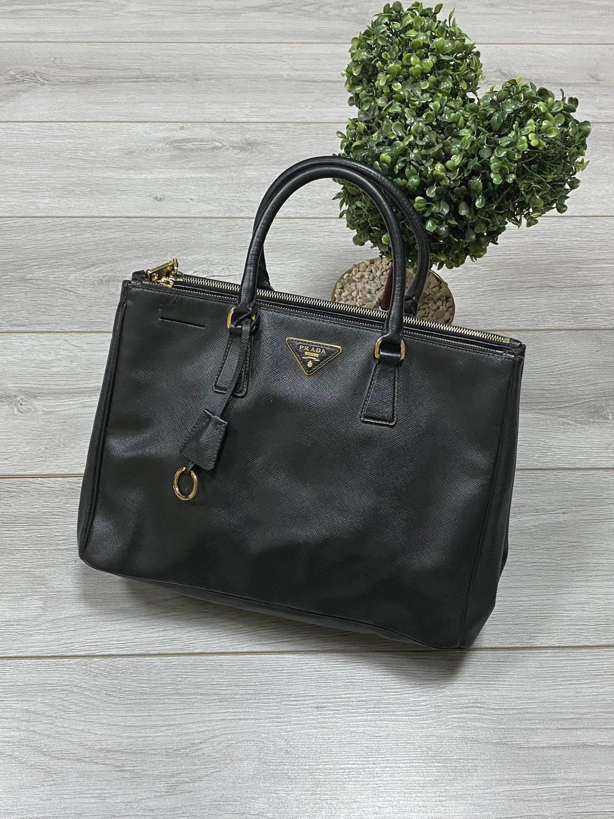 Prada Milano Leather Saffiano Tote Double Zip Briefcase Bag in Black, Men's