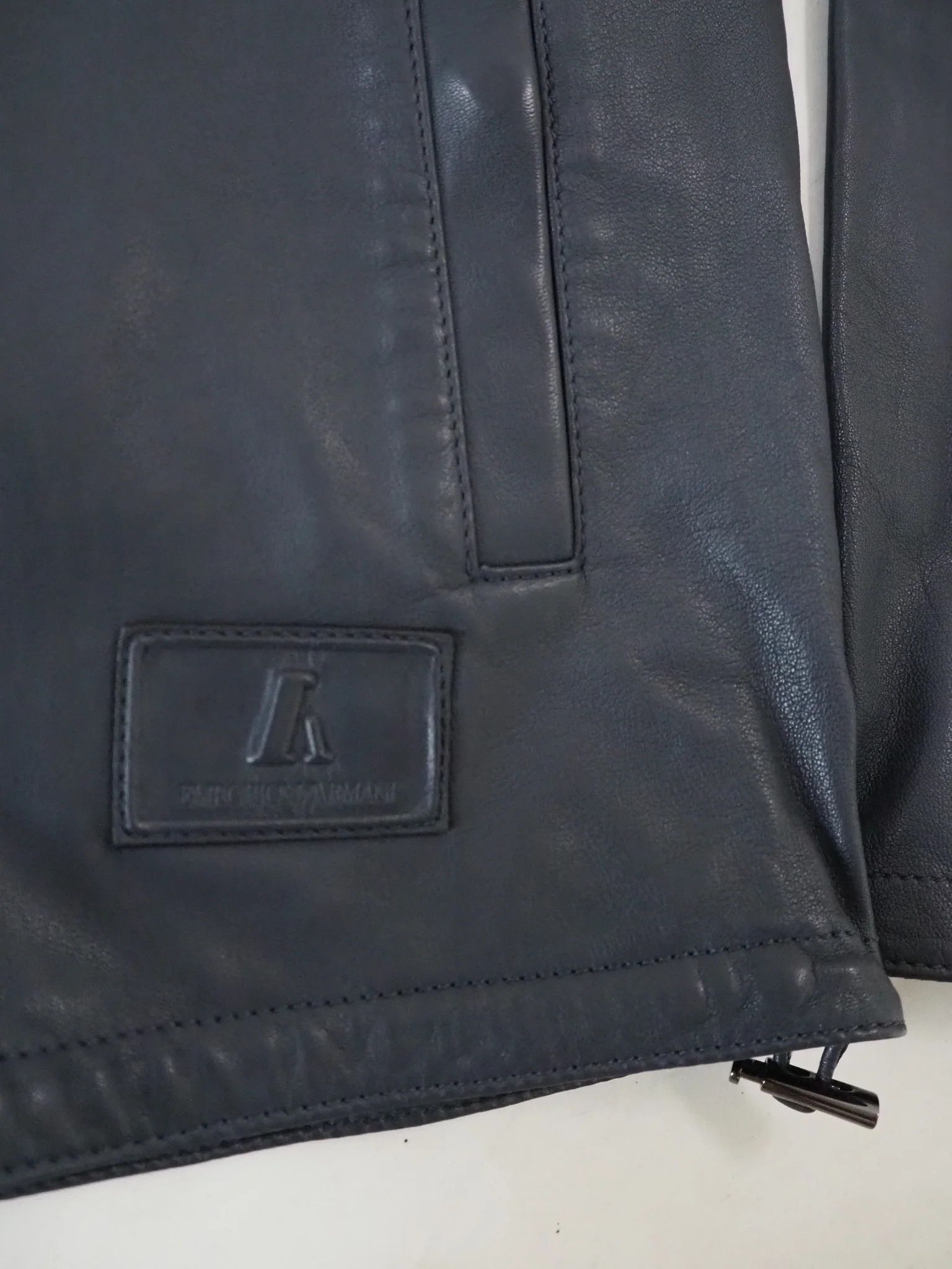 Emporio Armani Dark Blue Hooded Zip-Front Leather Jacket $1175 Size US M / EU 48-50 / 2 - 9 Thumbnail