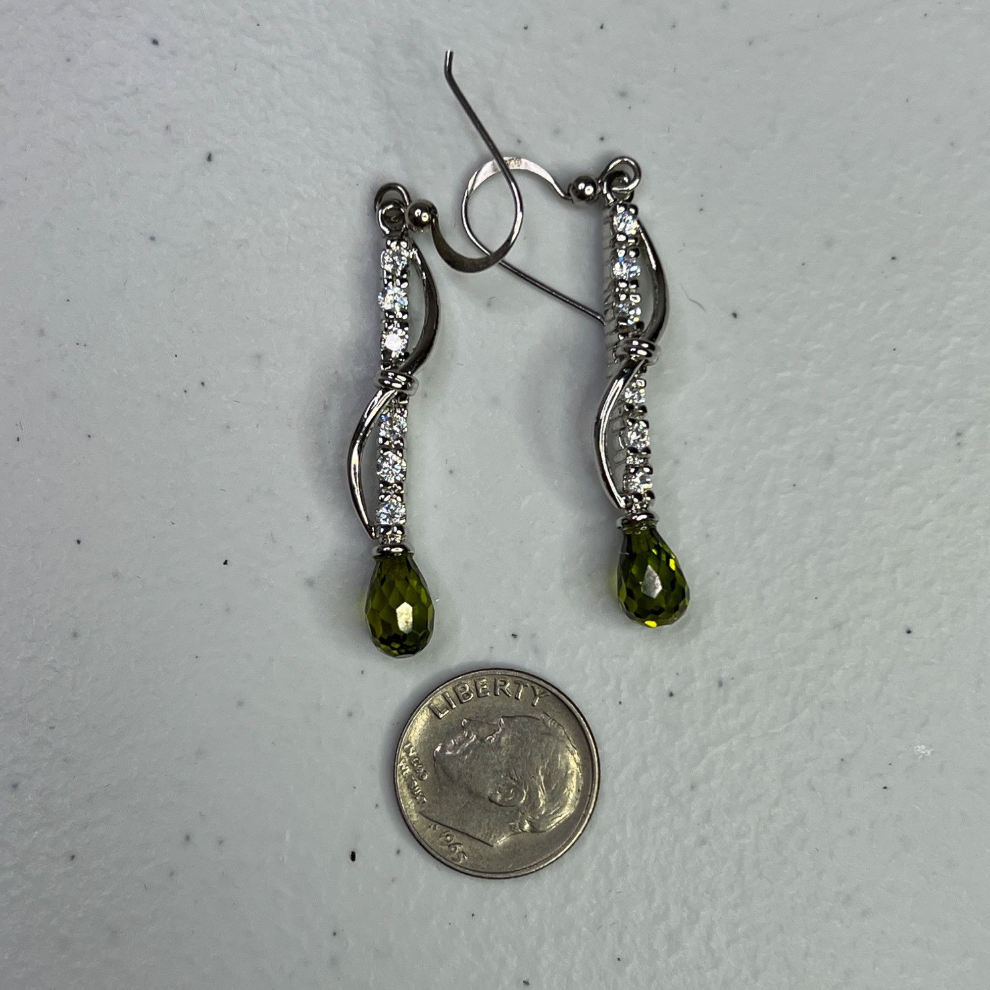 Designer Silver-Tone Drop Earrings With Green Teardrop & CZ Accents Size ONE SIZE - 6 Thumbnail