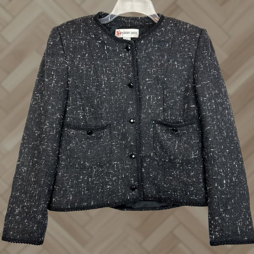 Vintage Peabody House Blazer Womens 12 Black Textured Wool Blend Lined Jacket Tweed Single-Breasted 5-Button Collarless Read Mens Womens Girls Size XL / US 12-14 / IT 48-50 - 1 Thumbnail