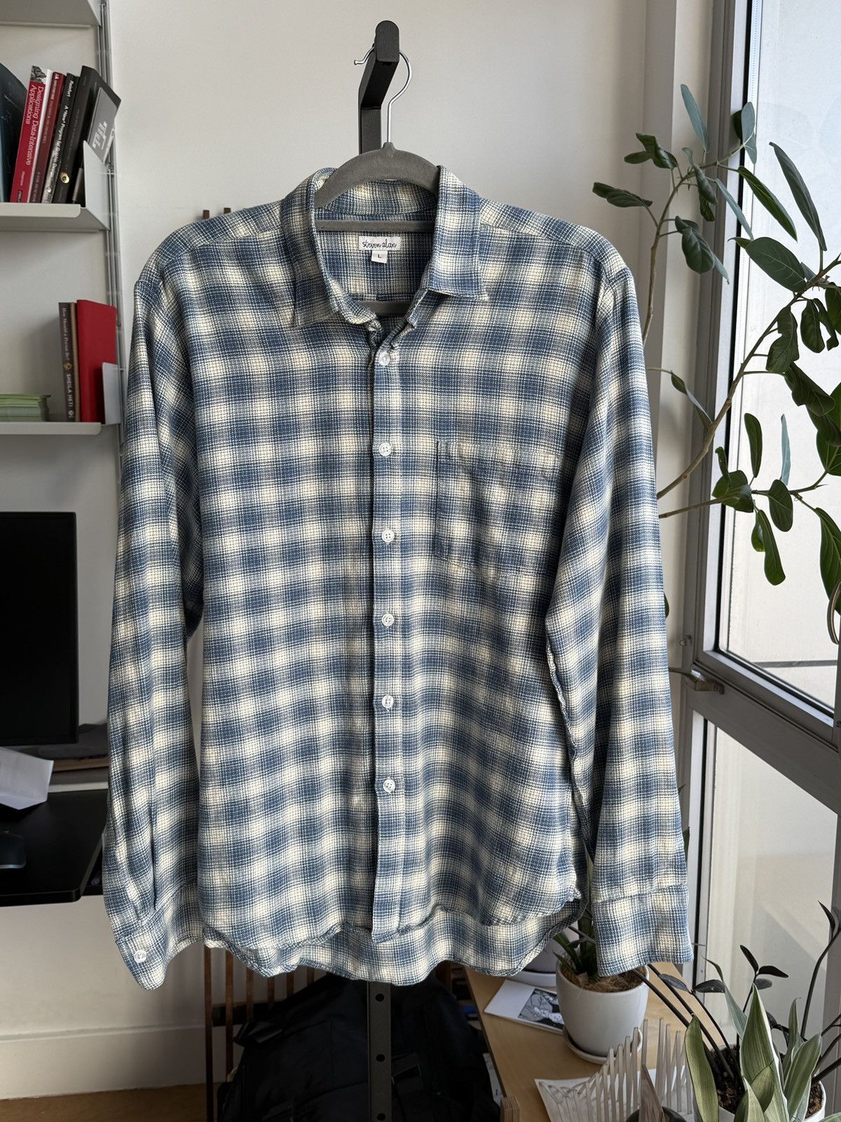 Steven Alan Blue White Shadow Plaid Shirt L