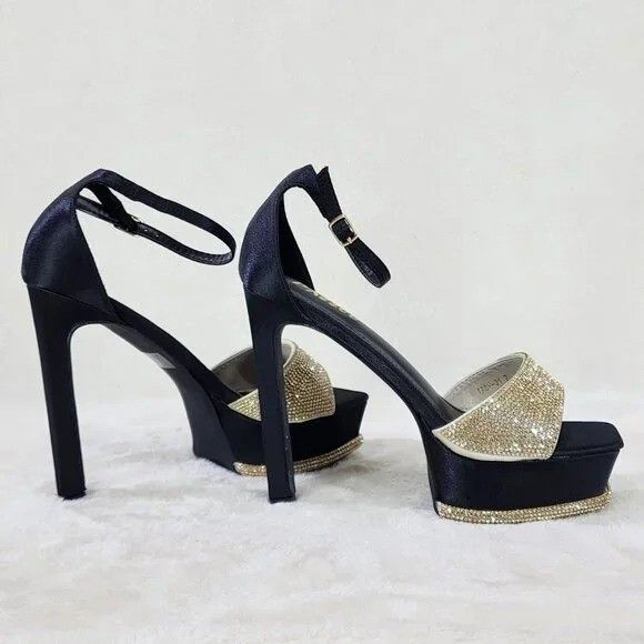 Other Helen Black Satin Gold Rhinestone Trim Party Evening Platfor Size US 9 / IT 39 - 3 Thumbnail