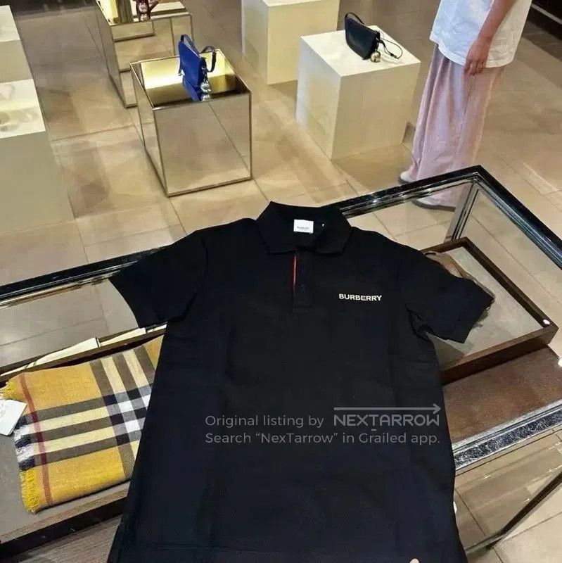 Burberry Black Cotton Logo Short Sleeve Polo.