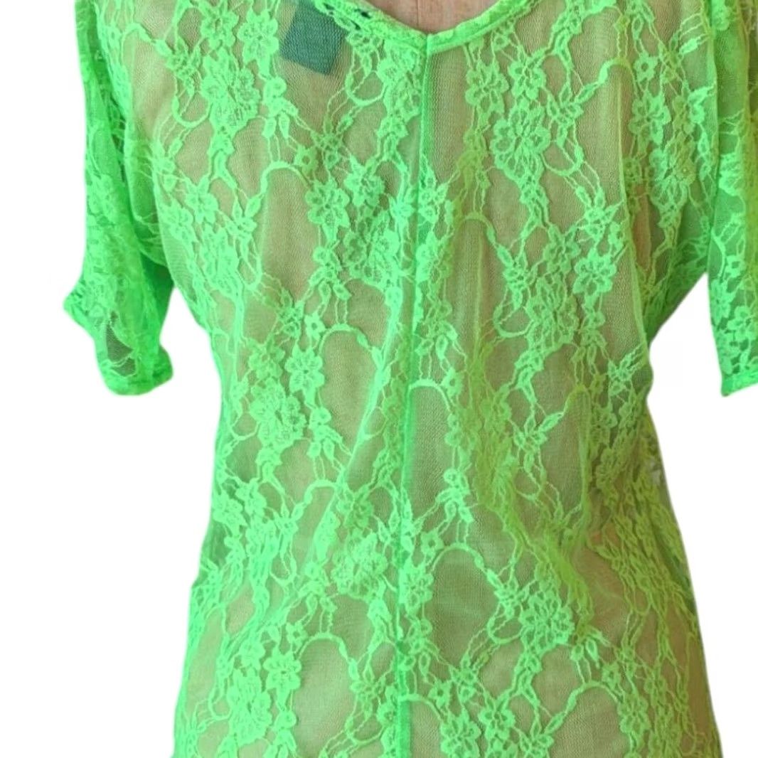 Vintage VINTAGE Deb Neon Green Sheer Lace Cold Shoulder Top Juniors Small Y2K Coquette Whimsigoth Womens Size S / US 4 / IT 40 - 3 Thumbnail