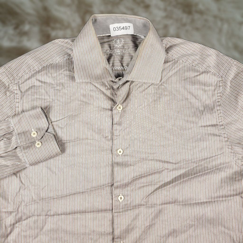 Bugatchi Uomo Dress Shirt Mens 16.5 Beige Striped Long Sleeve Button Up  Business Casual