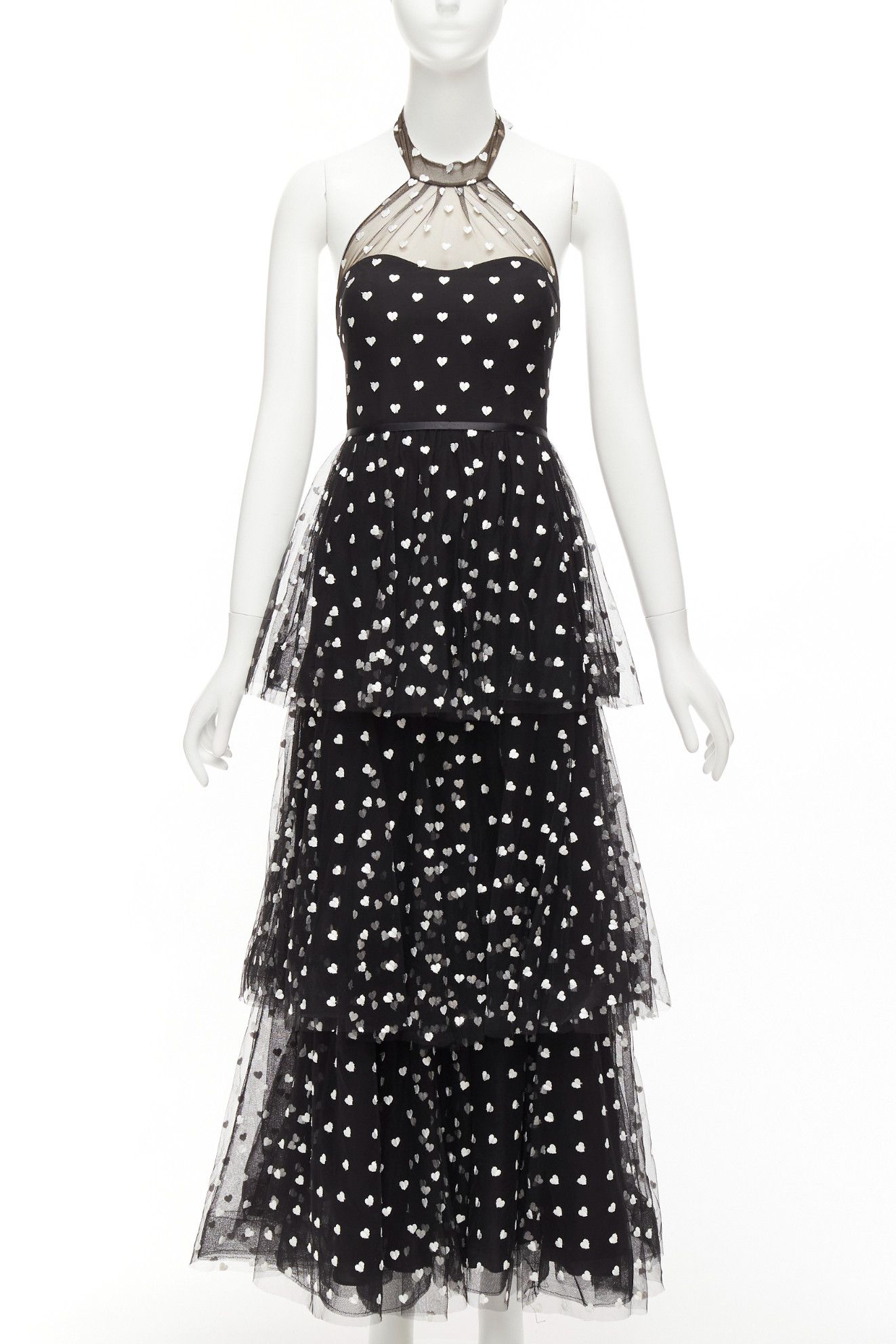 Marchesa MARCHESA NOTTE black mesh white heart embroidered halter neck tiered gown US0 XS Size XS / US 0-2 / IT 36-38 - 1 Thumbnail