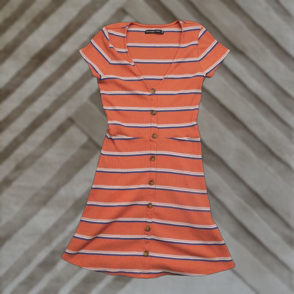 Abercrombie & Fitch Abercrombie & Fitch Dress Womens Petite Small Orange Striped Knit Short Sleeve Button Collared Size S / US 4 / IT 40 - 1 Thumbnail