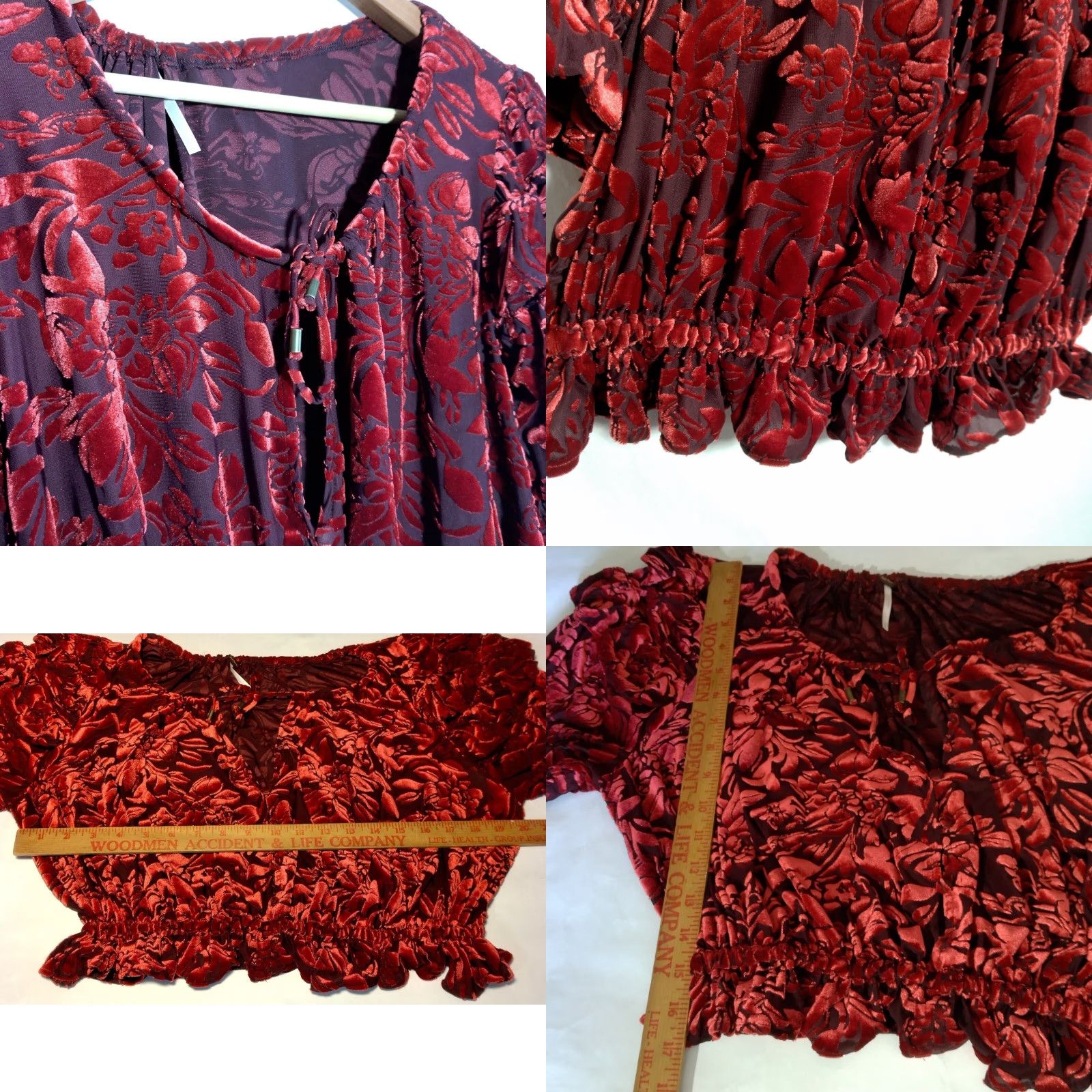 Free People Free People Velveteen Dream Shirt S Red Floral Velour Crop Peasant Ruffle V Neck Size S / US 4 / IT 40 - 8 Thumbnail
