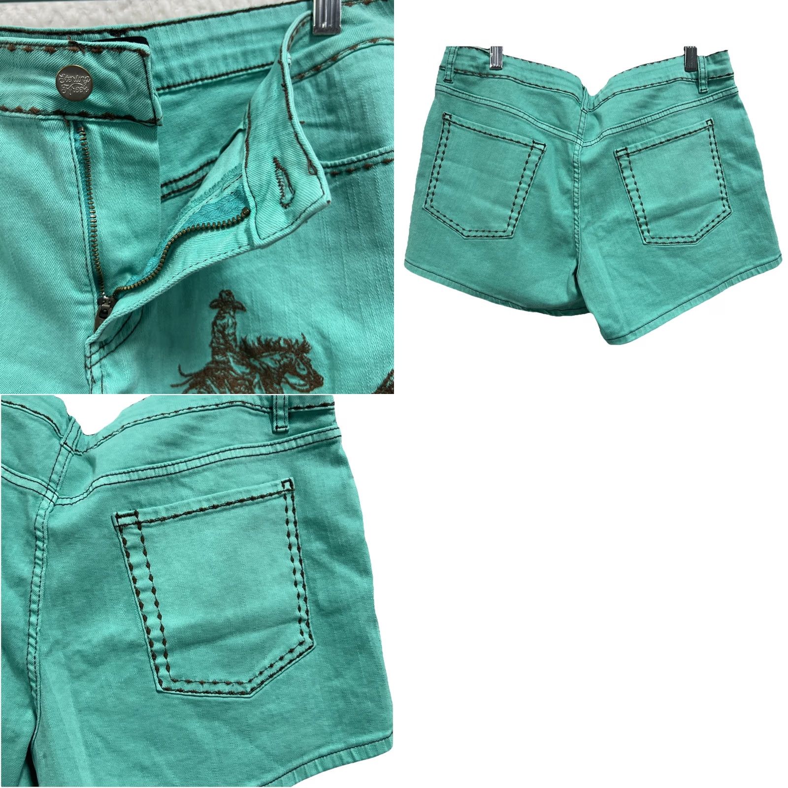 AQUA Sterling Kreek Shorts Womens L Aqua Denim Western Graphic Mid Rise Stretch Size 36" / US 14 / IT 50 - 8 Thumbnail